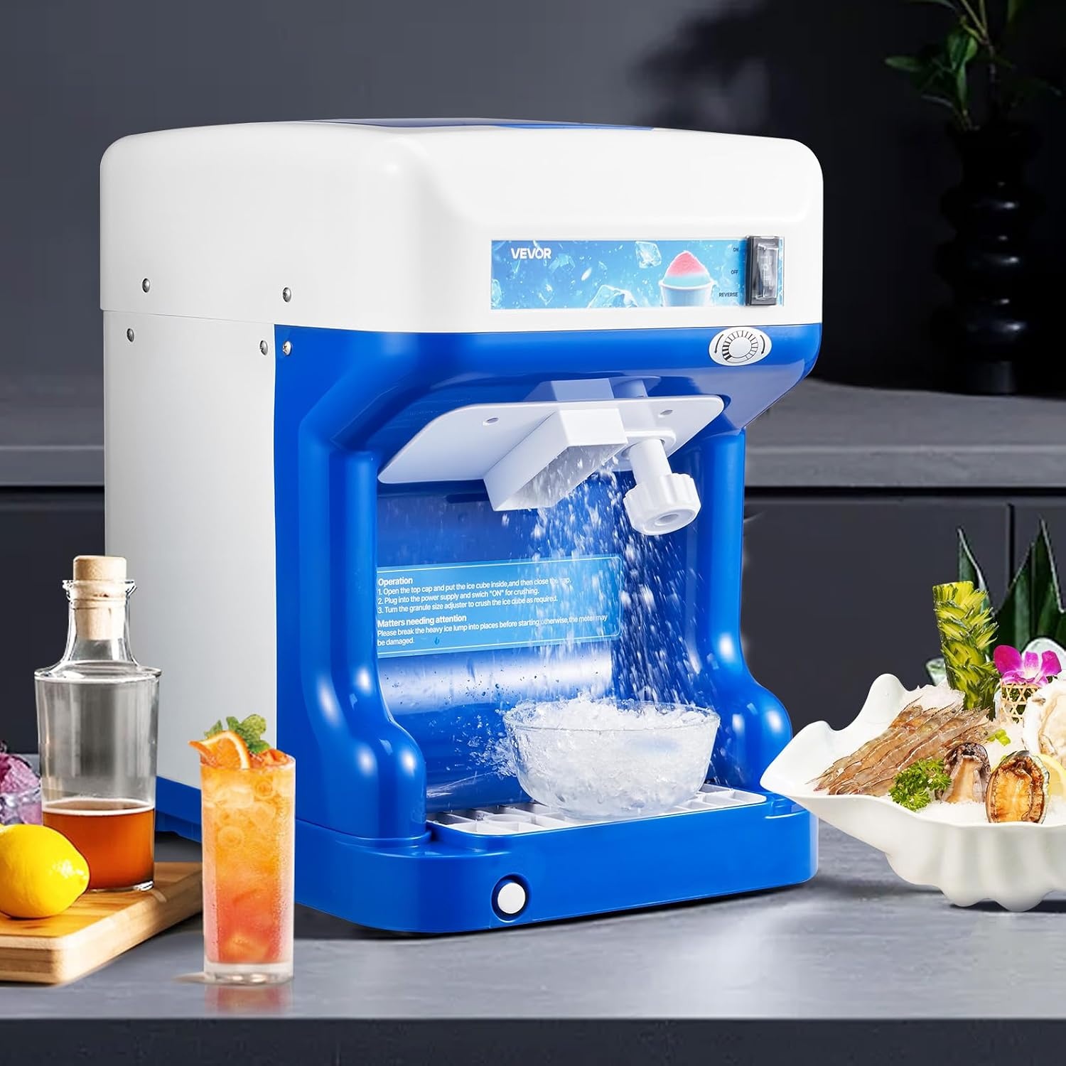 image:imageVEVOR Commercial Ice Shaver Crusher 220lbs Per Hour Electric Snow Cone Maker with 8L Ice Cube Box 350W 1500RPM Tabletop Shaved Ice Machine for Parties Events Bar Home and Commercial Use WhiteBlue