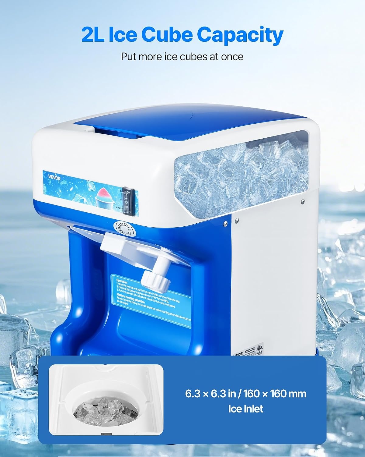 image:imageVEVOR Commercial Ice Shaver Crusher 220lbs Per Hour Electric Snow Cone Maker with 8L Ice Cube Box 350W 1500RPM Tabletop Shaved Ice Machine for Parties Events Bar Home and Commercial Use WhiteBlue
