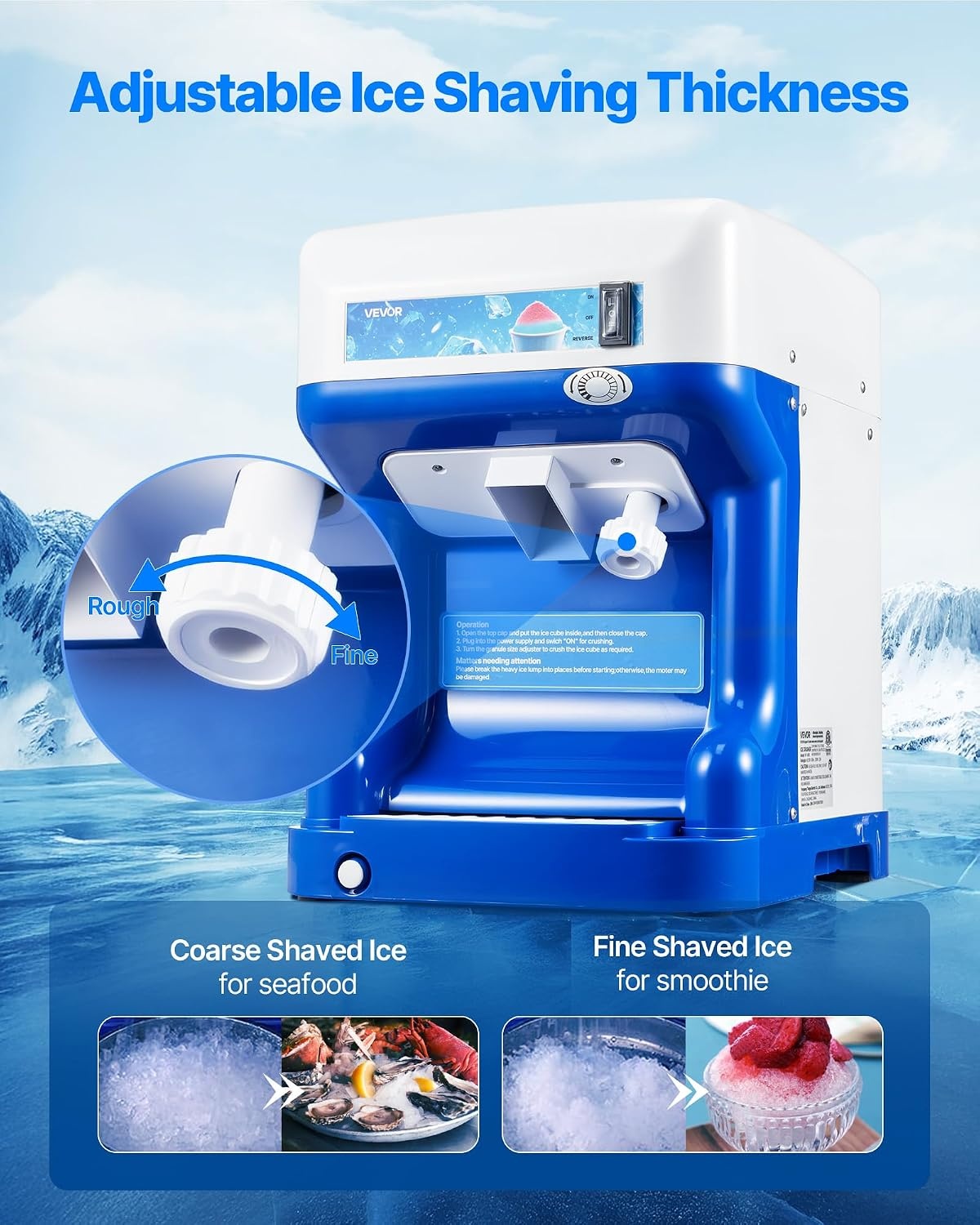 image:imageVEVOR Commercial Ice Shaver Crusher 220lbs Per Hour Electric Snow Cone Maker with 8L Ice Cube Box 350W 1500RPM Tabletop Shaved Ice Machine for Parties Events Bar Home and Commercial Use WhiteBlue