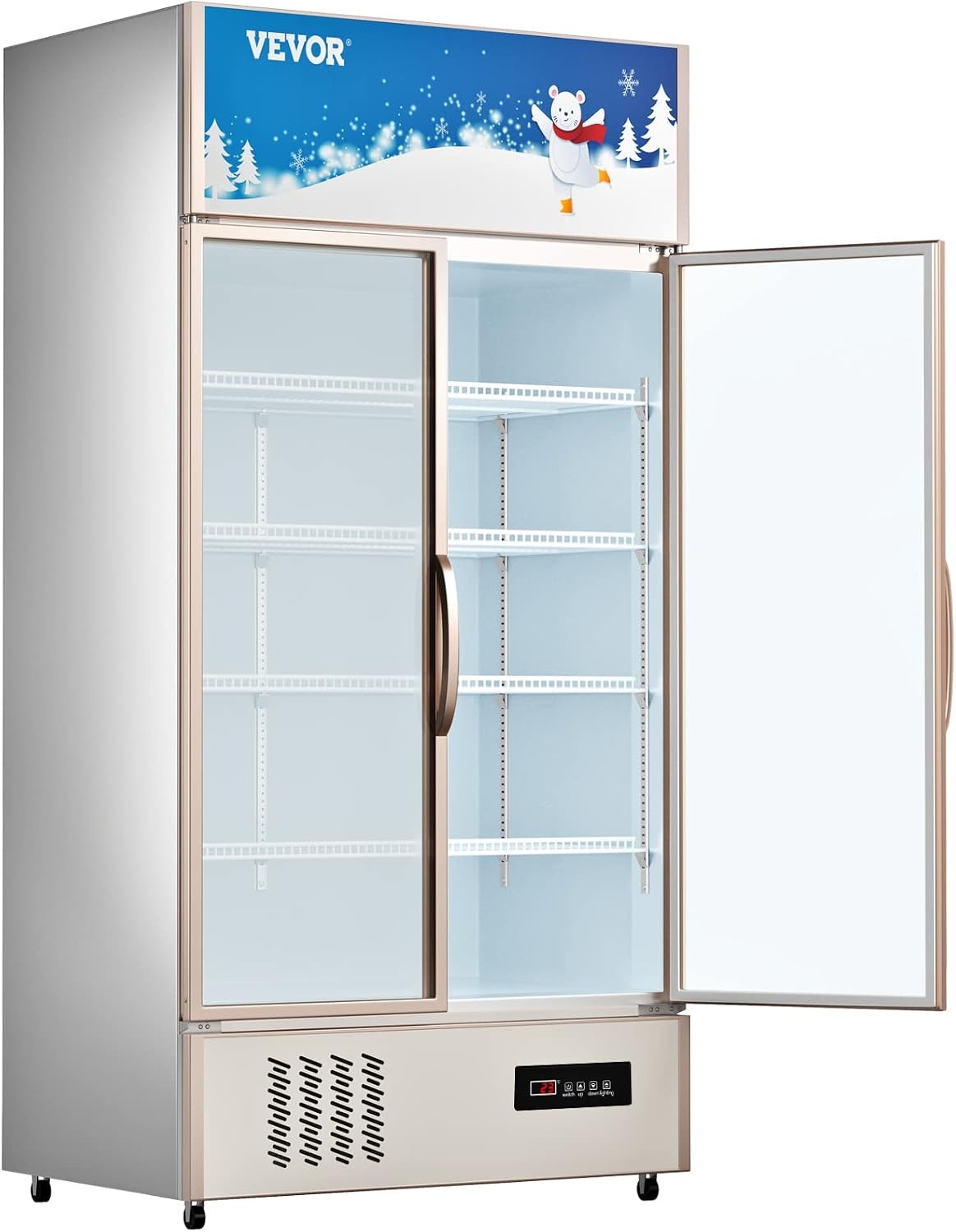 image:imageVEVOR Commercial Merchandiser Refrigerator 2 Glass Doors 23 Cubic Ft Upright Display Beverage Cooler 79 Tall x 394 Width Fridge with LED Lighting for Drink Wine Soda Gold23 cuft