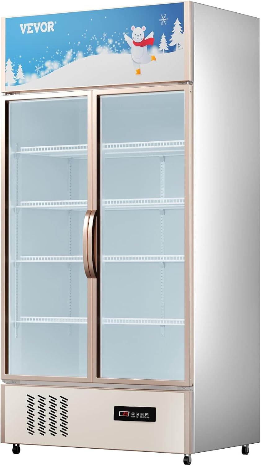 image:imageVEVOR Commercial Merchandiser Refrigerator 2 Glass Doors 23 Cubic Ft Upright Display Beverage Cooler 79 Tall x 394 Width Fridge with LED Lighting for Drink Wine Soda Gold23 cuft