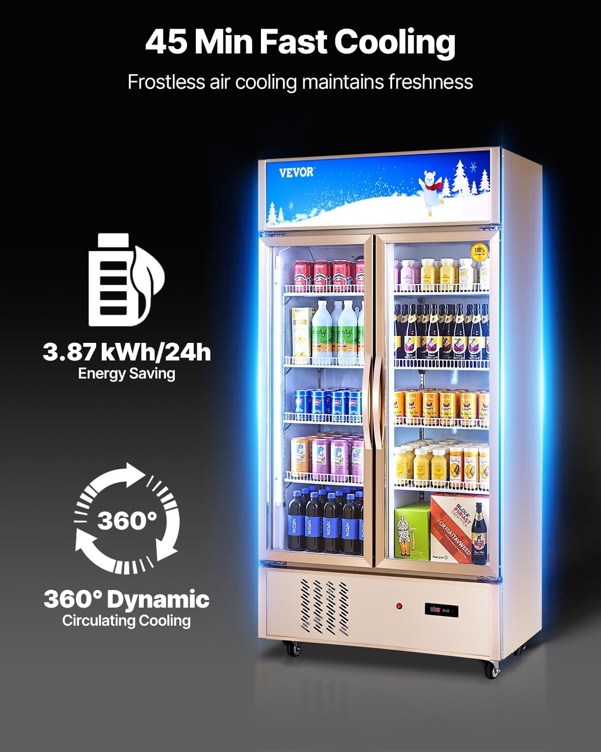 image:imageVEVOR Commercial Merchandiser Refrigerator 2 Glass Doors 23 Cubic Ft Upright Display Beverage Cooler 79 Tall x 394 Width Fridge with LED Lighting for Drink Wine Soda Gold23 cuft