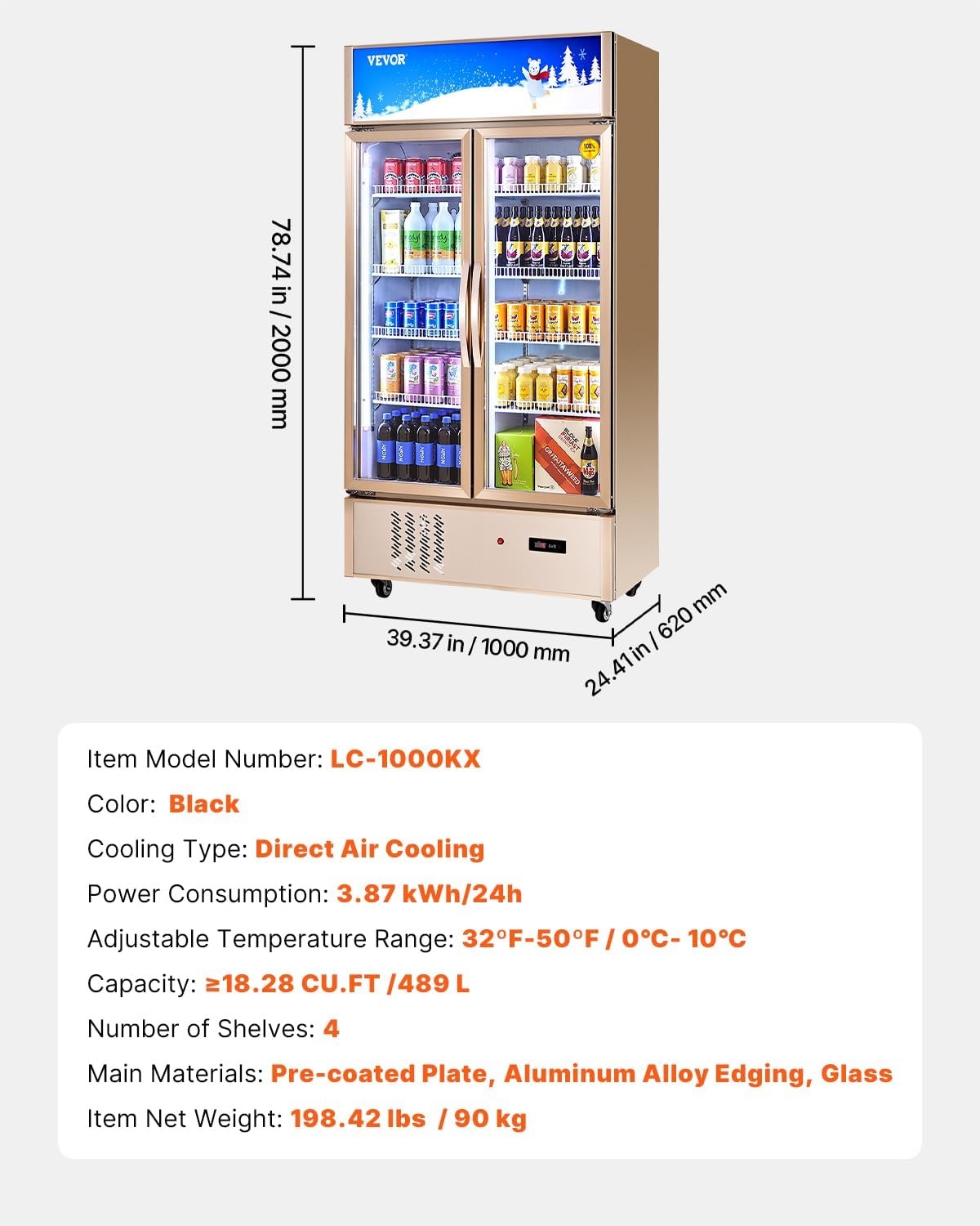 image:imageVEVOR Commercial Merchandiser Refrigerator 2 Glass Doors 23 Cubic Ft Upright Display Beverage Cooler 79 Tall x 394 Width Fridge with LED Lighting for Drink Wine Soda Gold23 cuft