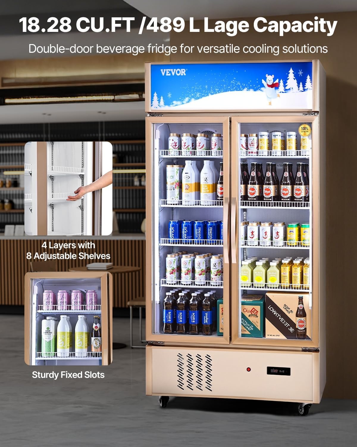 image:imageVEVOR Commercial Merchandiser Refrigerator 2 Glass Doors 23 Cubic Ft Upright Display Beverage Cooler 79 Tall x 394 Width Fridge with LED Lighting for Drink Wine Soda Gold23 cuft