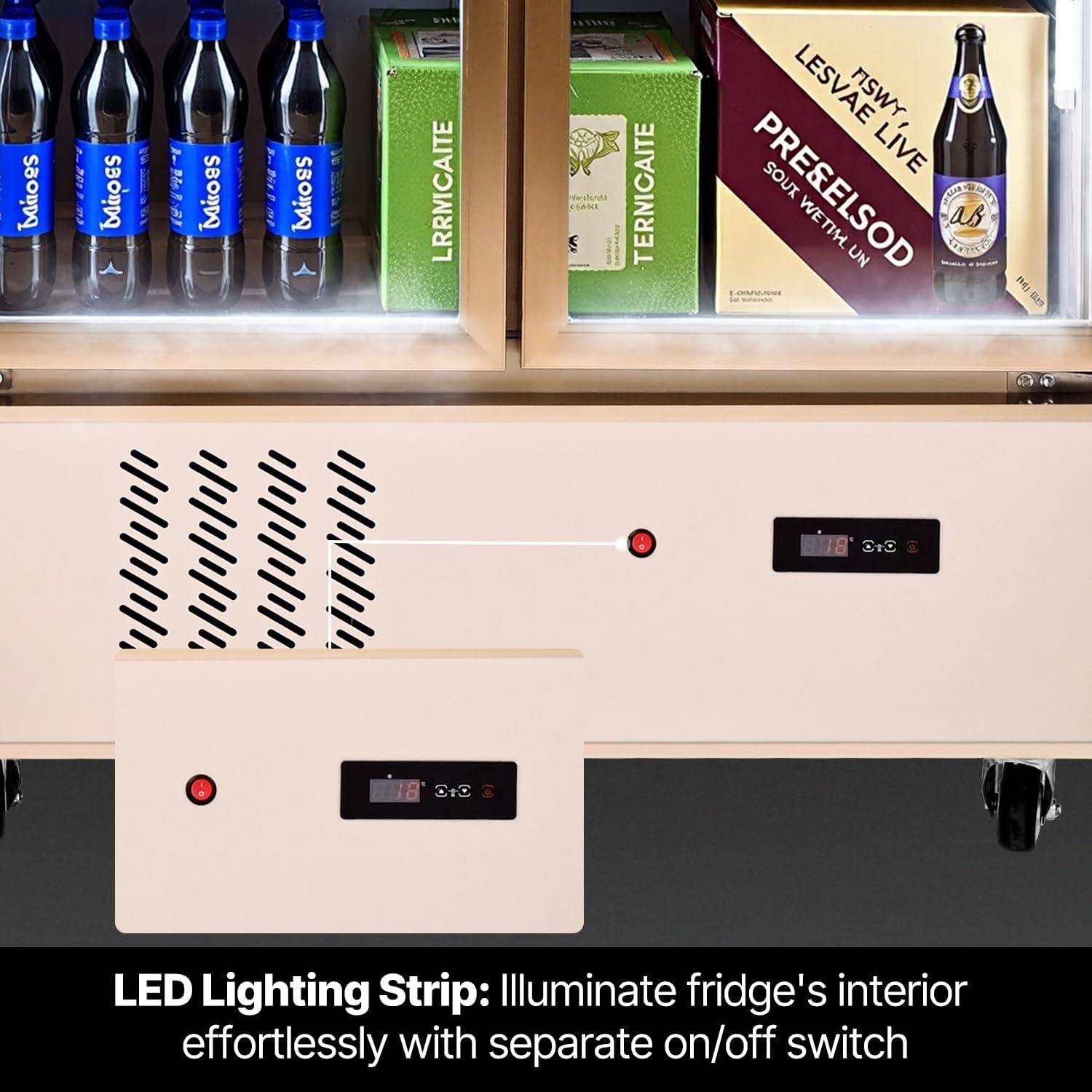 image:imageVEVOR Commercial Merchandiser Refrigerator 2 Glass Doors 23 Cubic Ft Upright Display Beverage Cooler 79 Tall x 394 Width Fridge with LED Lighting for Drink Wine Soda Gold23 cuft