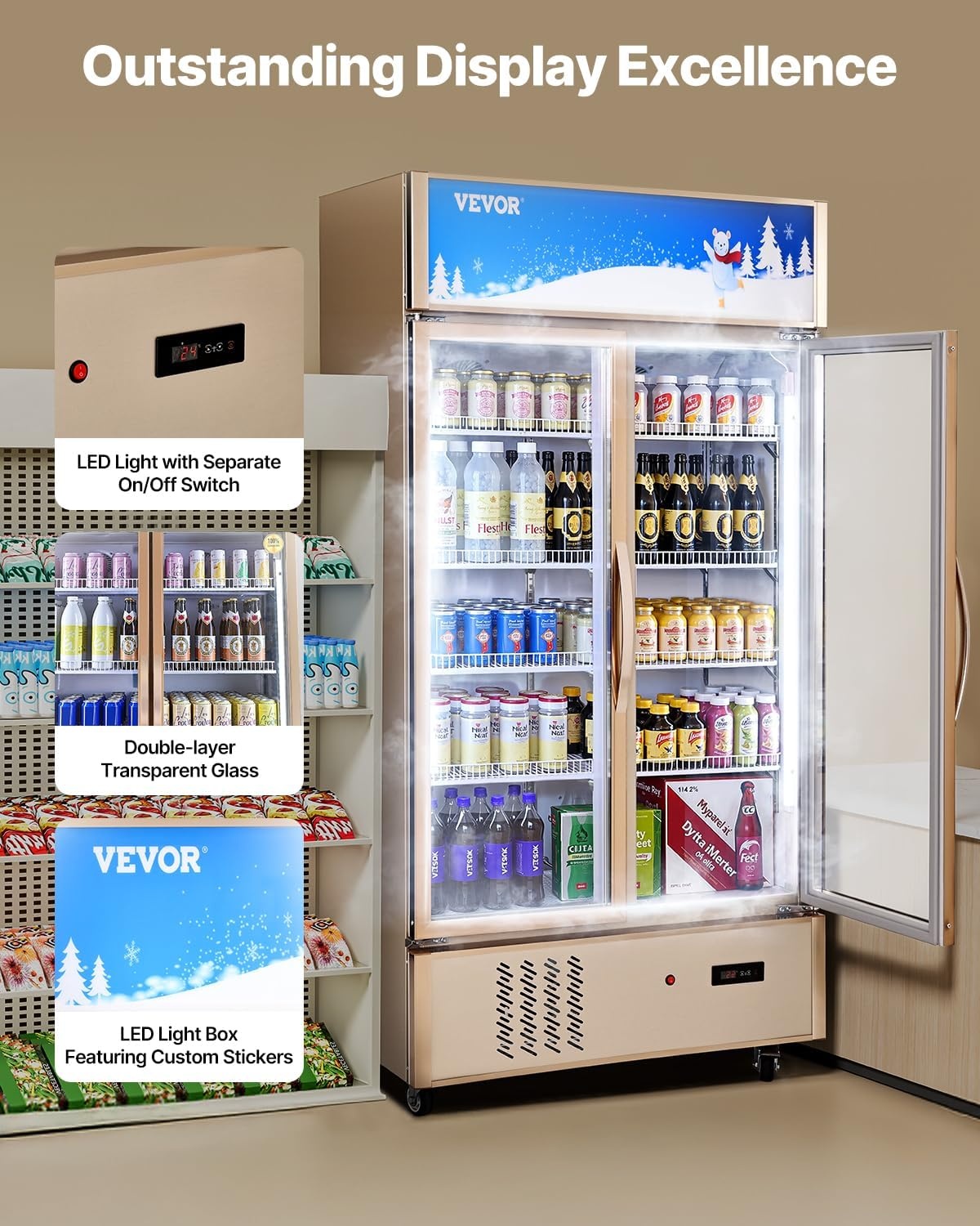 image:imageVEVOR Commercial Merchandiser Refrigerator 2 Glass Doors 23 Cubic Ft Upright Display Beverage Cooler 79 Tall x 394 Width Fridge with LED Lighting for Drink Wine Soda Gold23 cuft