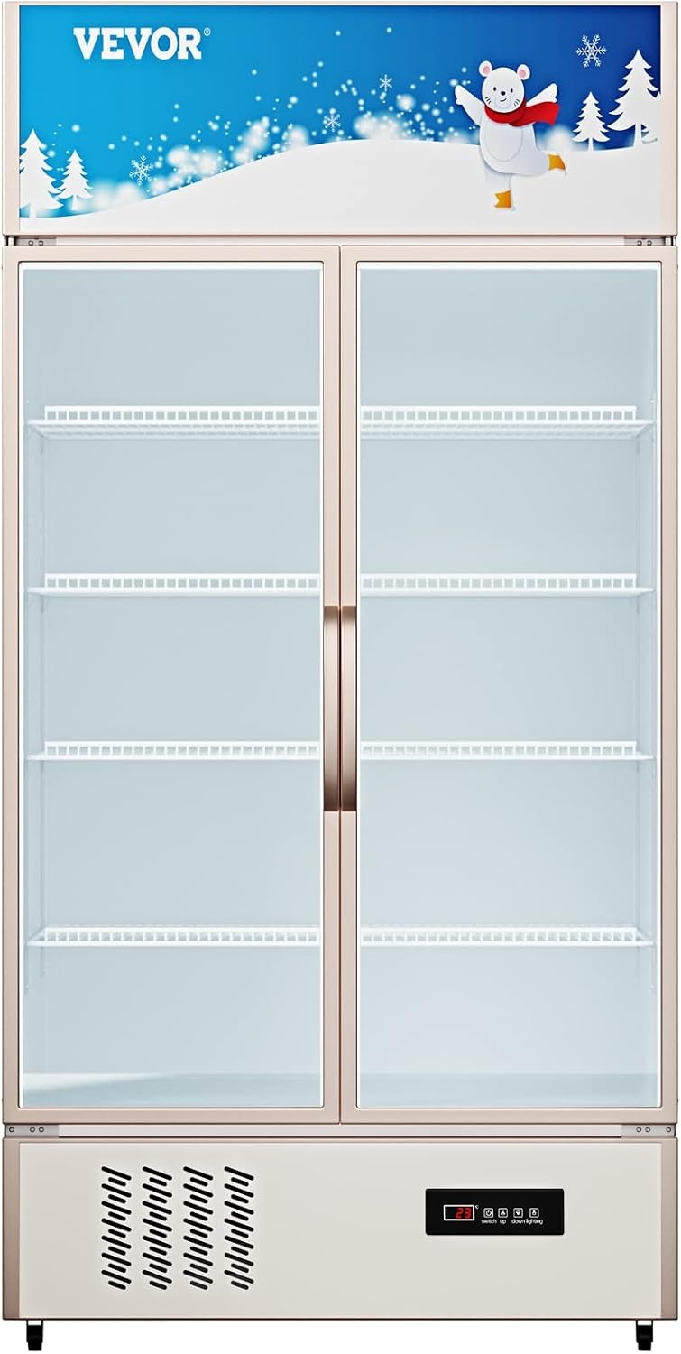 image:imageVEVOR Commercial Merchandiser Refrigerator 2 Glass Doors 23 Cubic Ft Upright Display Beverage Cooler 79 Tall x 394 Width Fridge with LED Lighting for Drink Wine Soda Gold23 cuft