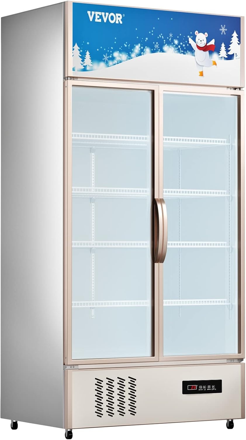 image:imageVEVOR Commercial Merchandiser Refrigerator 2 Glass Doors 23 Cubic Ft Upright Display Beverage Cooler 79 Tall x 394 Width Fridge with LED Lighting for Drink Wine Soda Gold23 cuft