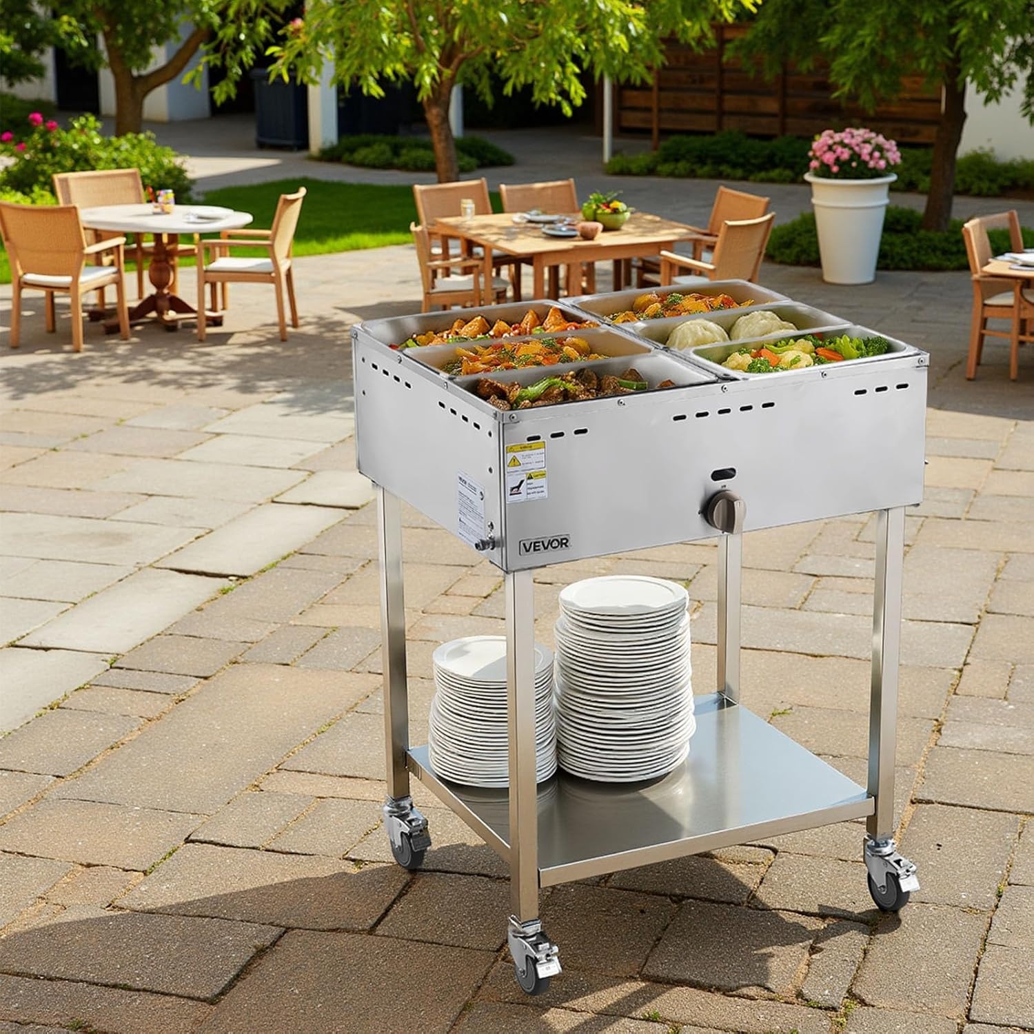 image:imageVEVOR Commercial Propane Steam Table 5 Food Pans amp 3 Condiment Pans LP Gas Outdoor Soup Warmer with Drain Valve and 3 Wheels Stainless Steel Propane Food Warmer with Adjustable Temp for Outdoor613 Pan48QT