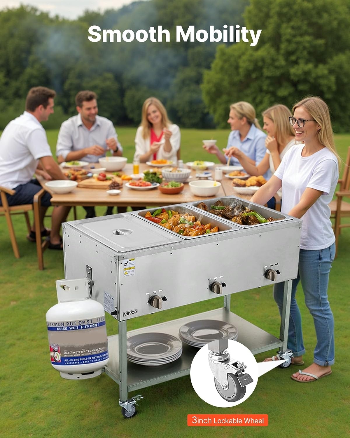 image:imageVEVOR Commercial Propane Steam Table 5 Food Pans amp 3 Condiment Pans LP Gas Outdoor Soup Warmer with Drain Valve and 3 Wheels Stainless Steel Propane Food Warmer with Adjustable Temp for Outdoor311 Pan72QT