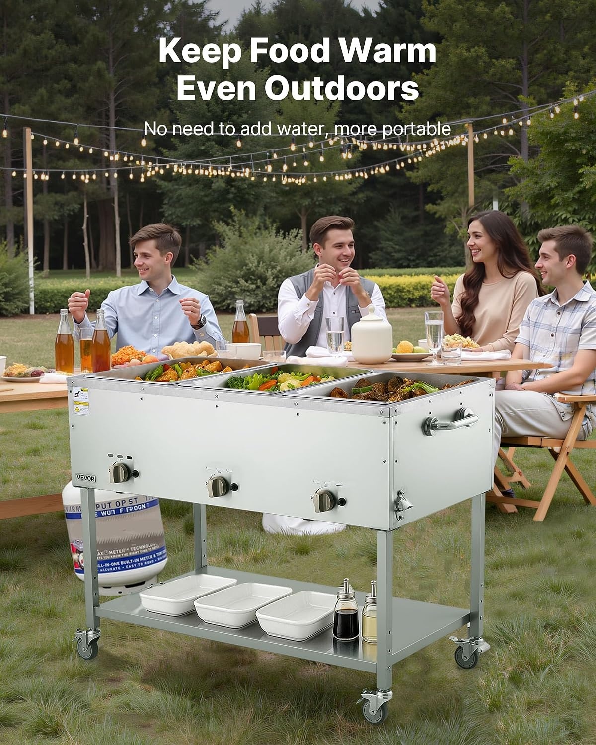image:imageVEVOR Commercial Propane Steam Table 5 Food Pans amp 3 Condiment Pans LP Gas Outdoor Soup Warmer with Drain Valve and 3 Wheels Stainless Steel Propane Food Warmer with Adjustable Temp for Outdoor311 Pan72QT