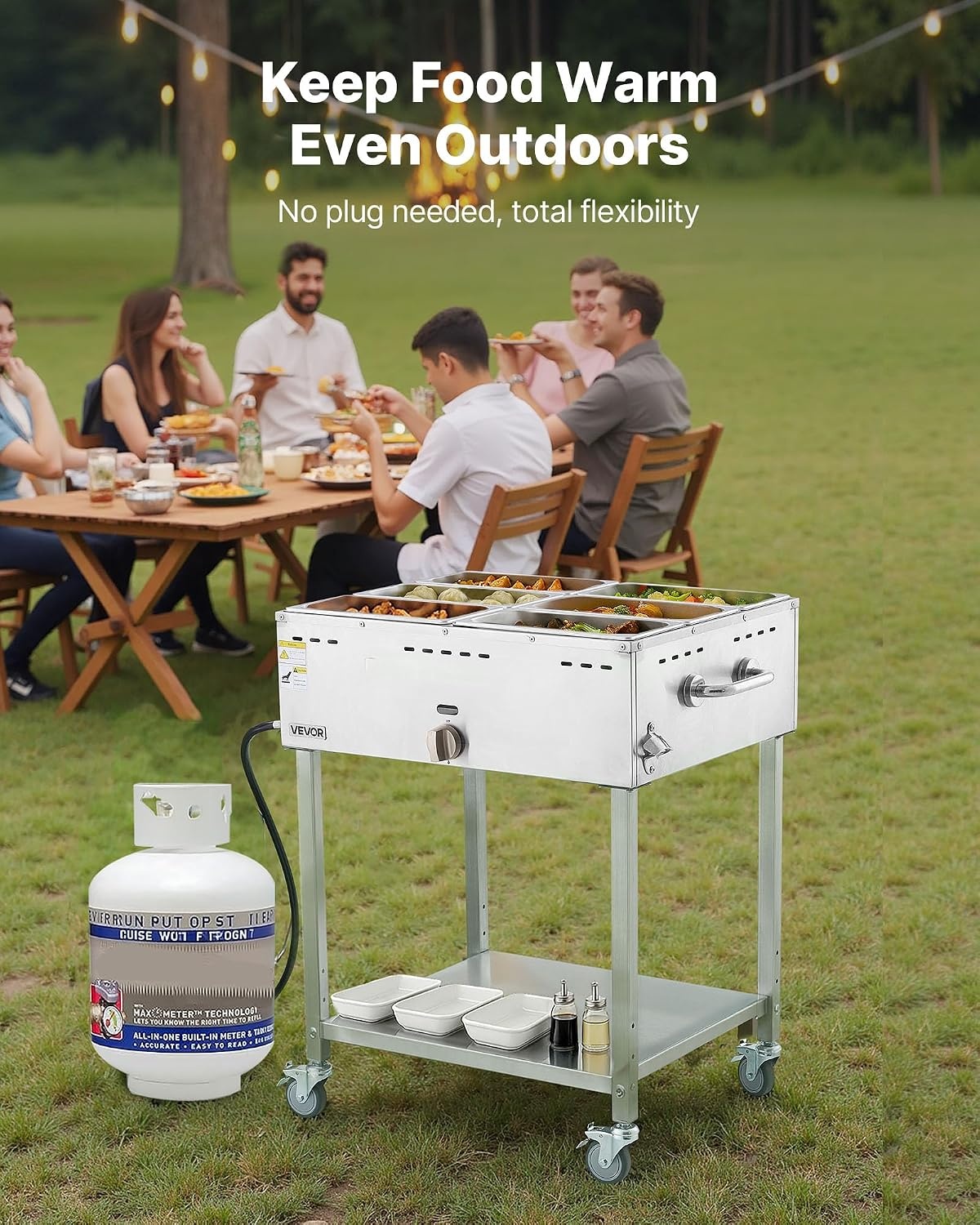 image:imageVEVOR Commercial Propane Steam Table 5 Food Pans amp 3 Condiment Pans LP Gas Outdoor Soup Warmer with Drain Valve and 3 Wheels Stainless Steel Propane Food Warmer with Adjustable Temp for Outdoor613 Pan48QT