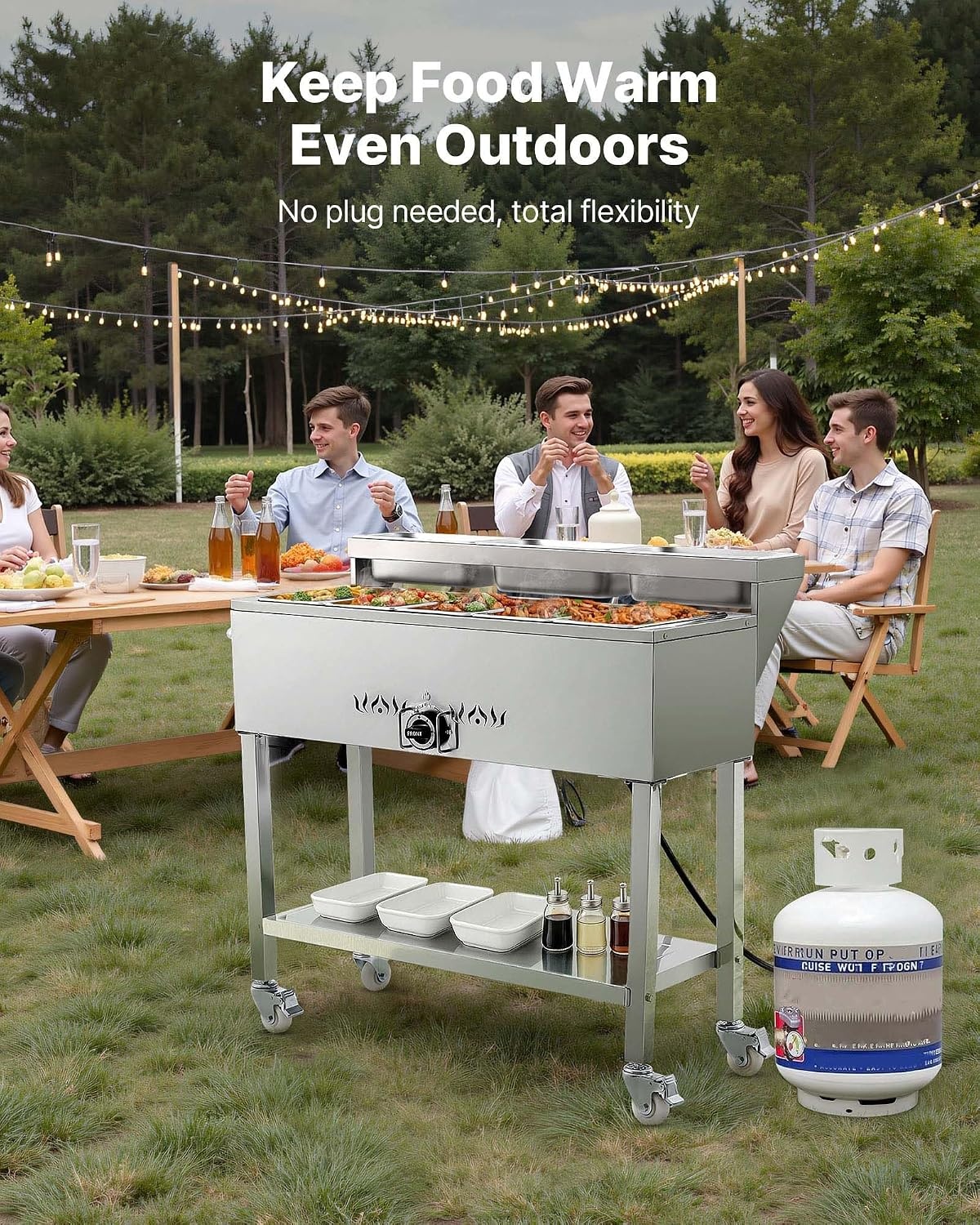image:imageVEVOR Commercial Propane Steam Table 5 Food Pans amp 3 Condiment Pans LP Gas Outdoor Soup Warmer with Drain Valve and 3 Wheels Stainless Steel Propane Food Warmer with Adjustable Temp for Outdoor513 Pan40QT