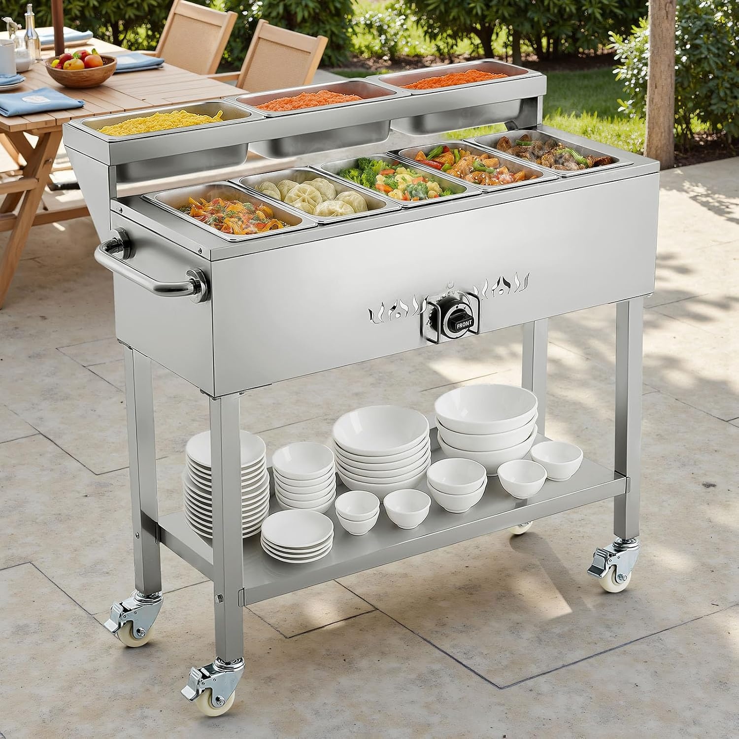 image:imageVEVOR Commercial Propane Steam Table 5 Food Pans amp 3 Condiment Pans LP Gas Outdoor Soup Warmer with Drain Valve and 3 Wheels Stainless Steel Propane Food Warmer with Adjustable Temp for Outdoor513 Pan40QT