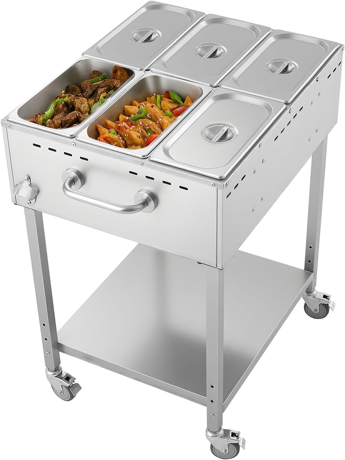 image:imageVEVOR Commercial Propane Steam Table 5 Food Pans amp 3 Condiment Pans LP Gas Outdoor Soup Warmer with Drain Valve and 3 Wheels Stainless Steel Propane Food Warmer with Adjustable Temp for Outdoor613 Pan48QT