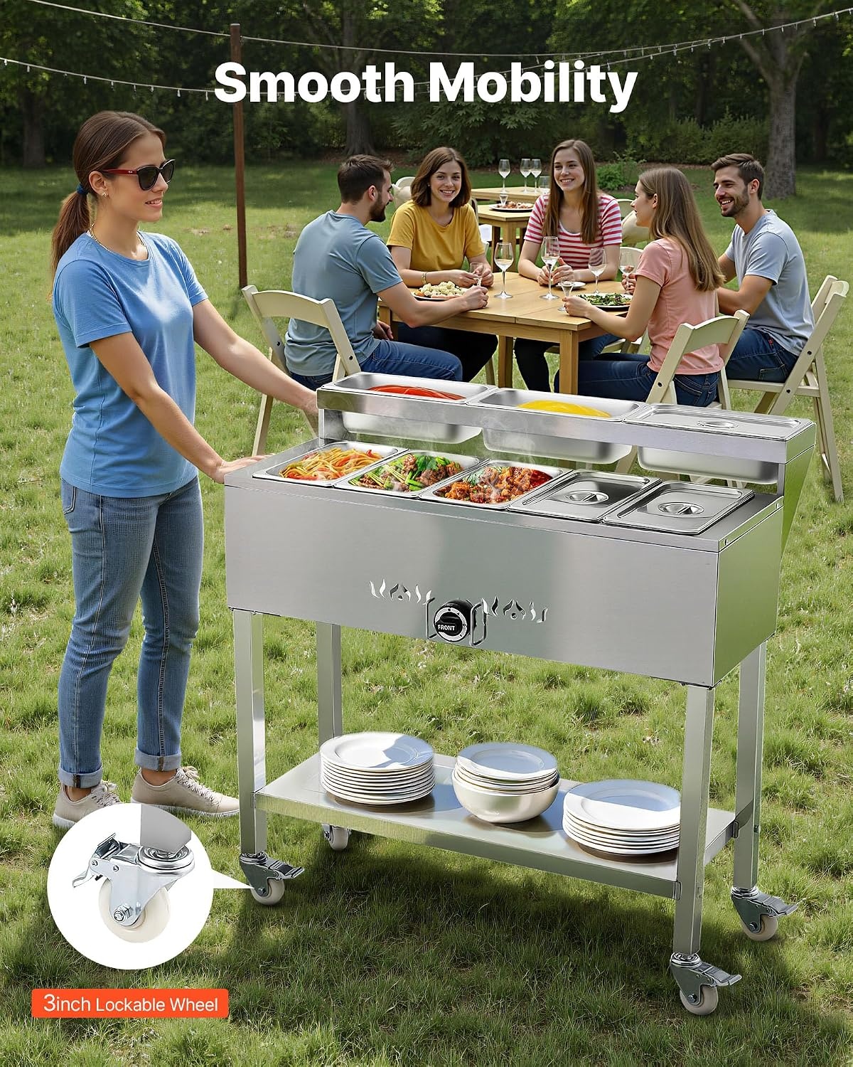 image:imageVEVOR Commercial Propane Steam Table 5 Food Pans amp 3 Condiment Pans LP Gas Outdoor Soup Warmer with Drain Valve and 3 Wheels Stainless Steel Propane Food Warmer with Adjustable Temp for Outdoor513 Pan40QT