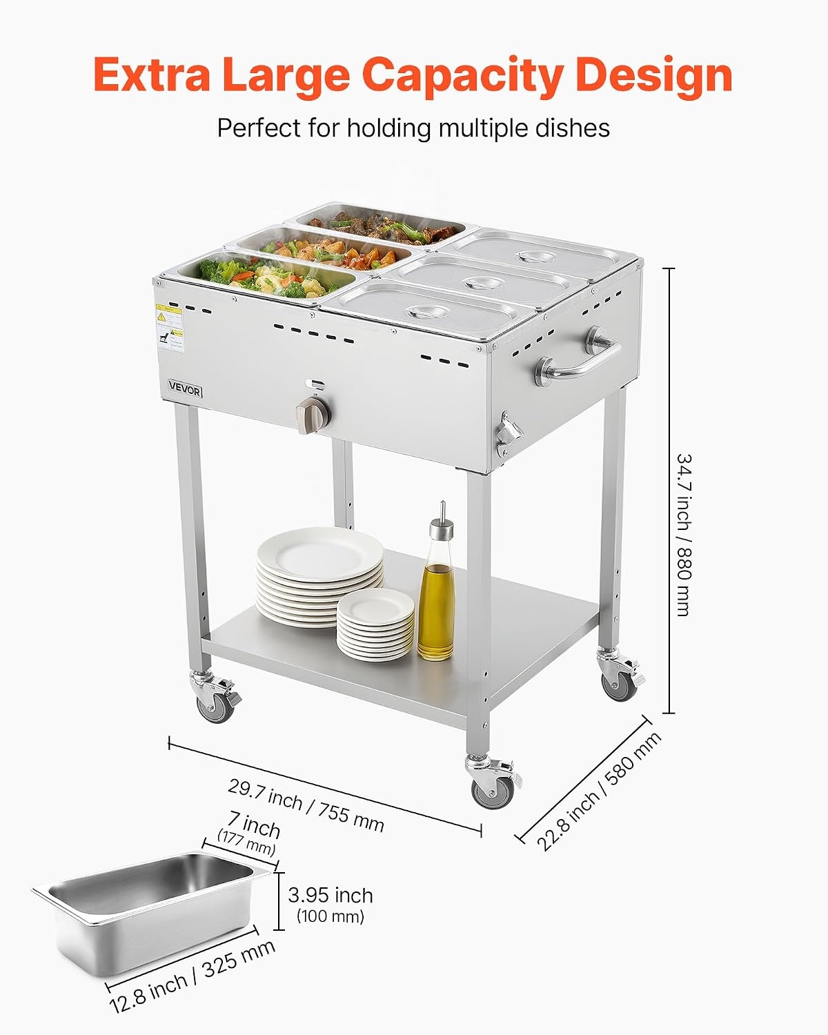 image:imageVEVOR Commercial Propane Steam Table 5 Food Pans amp 3 Condiment Pans LP Gas Outdoor Soup Warmer with Drain Valve and 3 Wheels Stainless Steel Propane Food Warmer with Adjustable Temp for Outdoor613 Pan48QT
