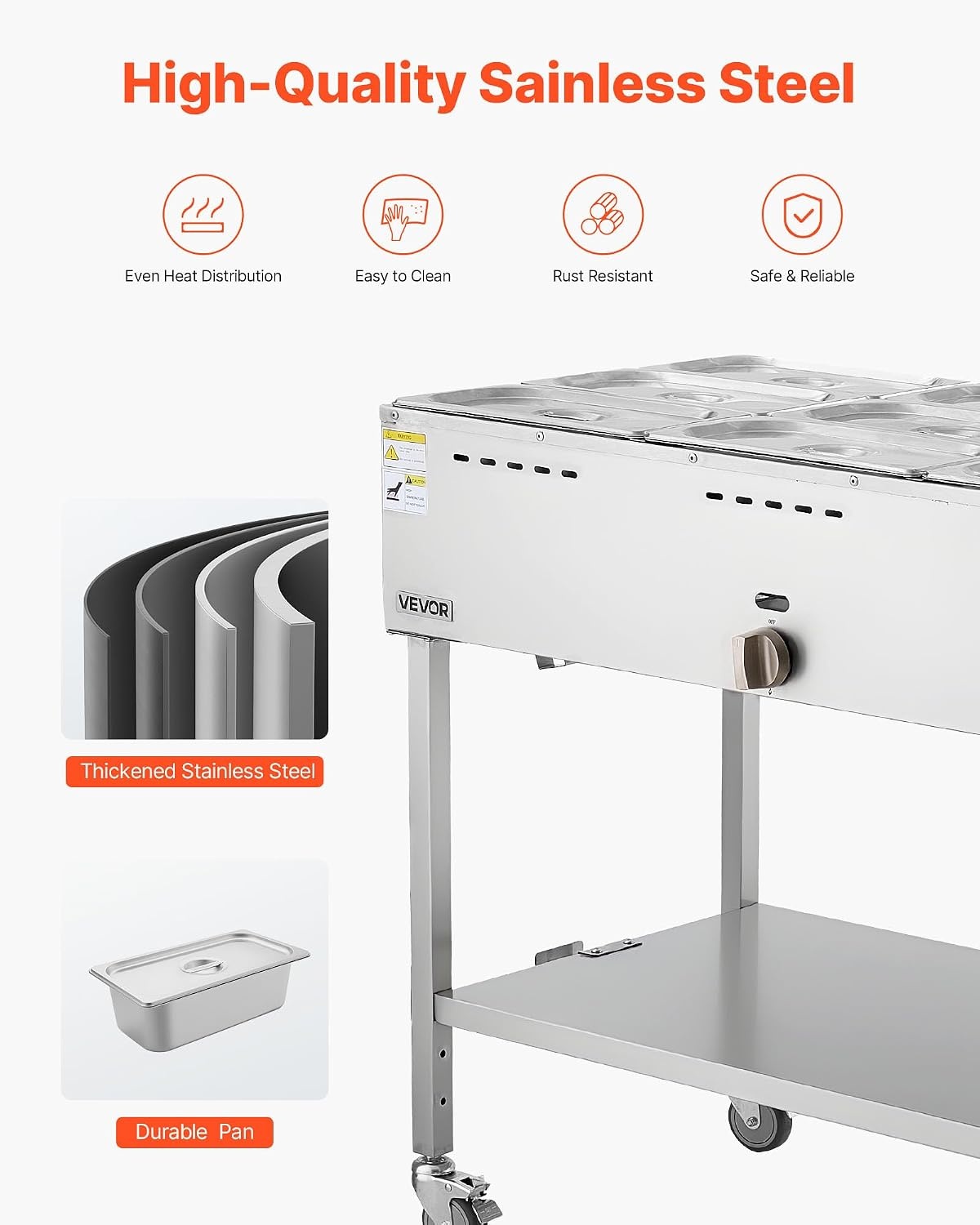 image:imageVEVOR Commercial Propane Steam Table 5 Food Pans amp 3 Condiment Pans LP Gas Outdoor Soup Warmer with Drain Valve and 3 Wheels Stainless Steel Propane Food Warmer with Adjustable Temp for Outdoor913 Pan72QT