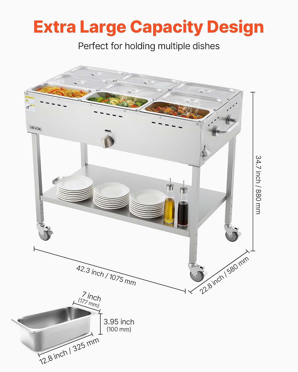 image:imageVEVOR Commercial Propane Steam Table 5 Food Pans amp 3 Condiment Pans LP Gas Outdoor Soup Warmer with Drain Valve and 3 Wheels Stainless Steel Propane Food Warmer with Adjustable Temp for Outdoor913 Pan72QT