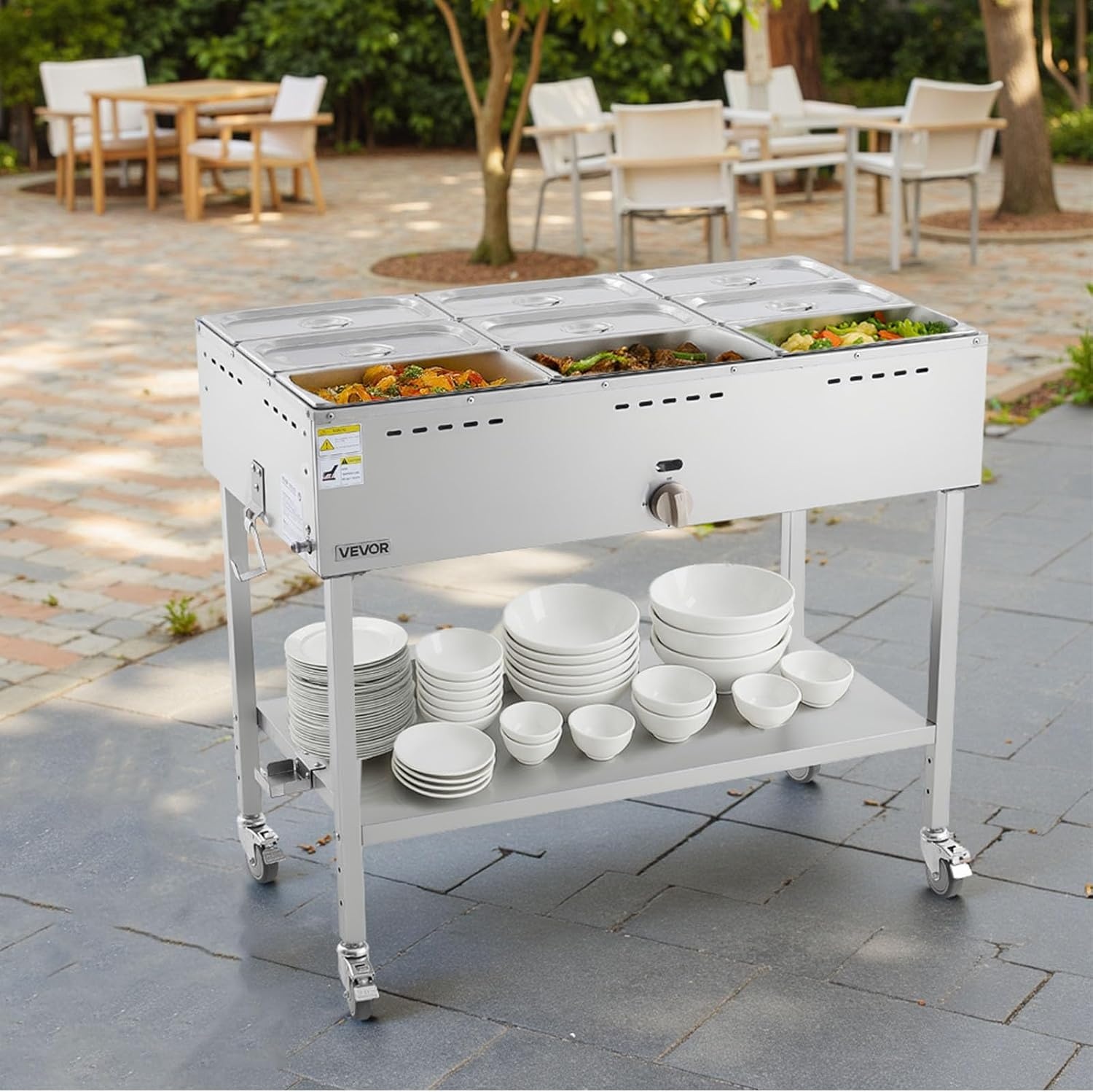 image:imageVEVOR Commercial Propane Steam Table 5 Food Pans amp 3 Condiment Pans LP Gas Outdoor Soup Warmer with Drain Valve and 3 Wheels Stainless Steel Propane Food Warmer with Adjustable Temp for Outdoor913 Pan72QT