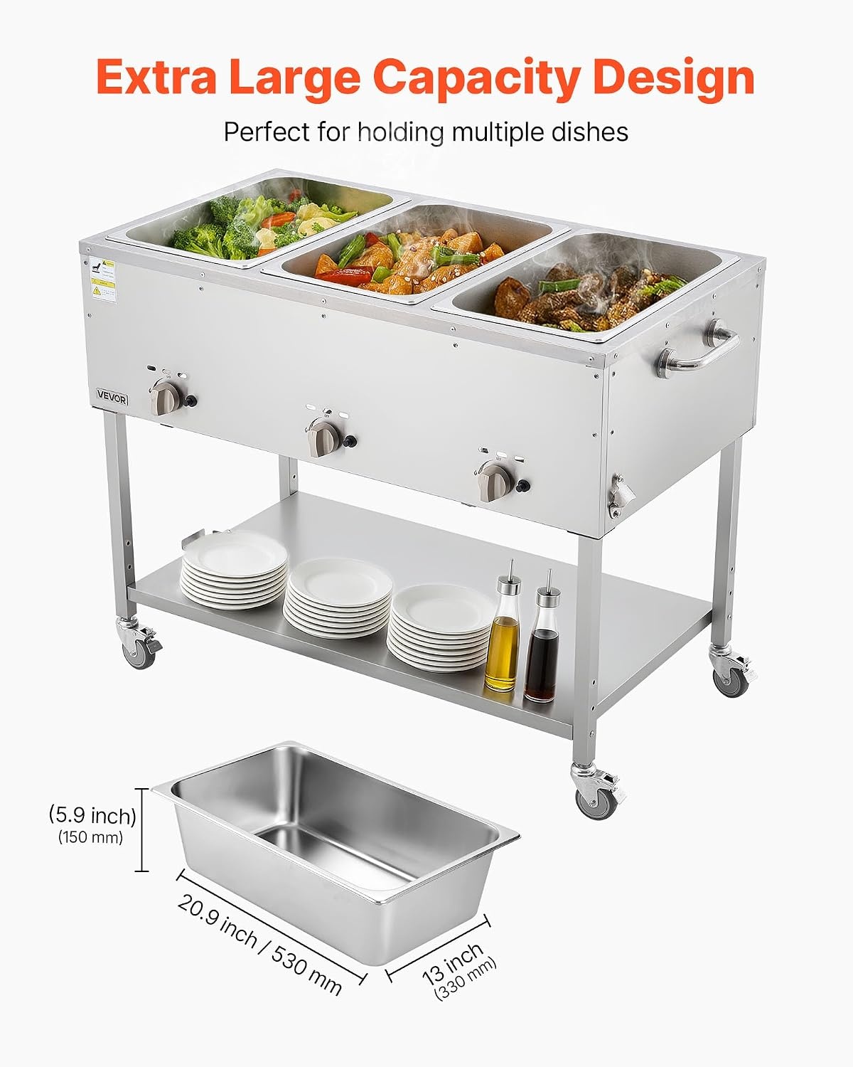 image:imageVEVOR Commercial Propane Steam Table 5 Food Pans amp 3 Condiment Pans LP Gas Outdoor Soup Warmer with Drain Valve and 3 Wheels Stainless Steel Propane Food Warmer with Adjustable Temp for Outdoor311 Pan72QT