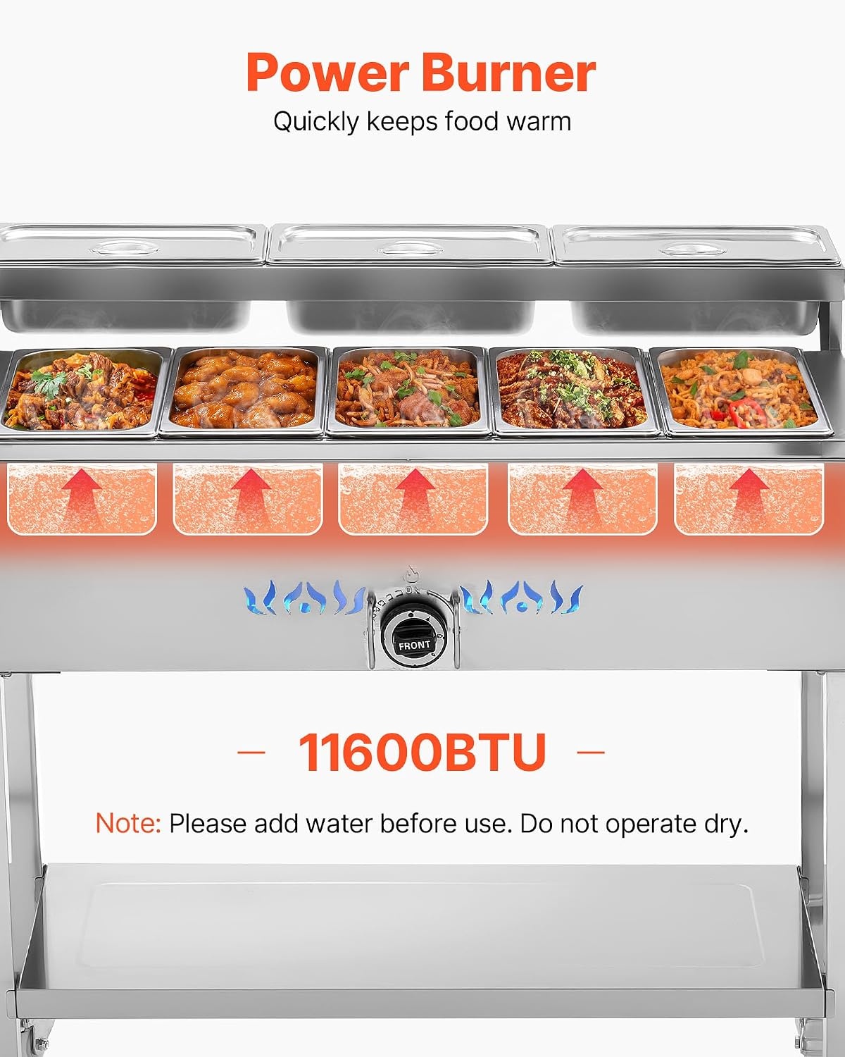 image:imageVEVOR Commercial Propane Steam Table 5 Food Pans amp 3 Condiment Pans LP Gas Outdoor Soup Warmer with Drain Valve and 3 Wheels Stainless Steel Propane Food Warmer with Adjustable Temp for Outdoor513 Pan40QT