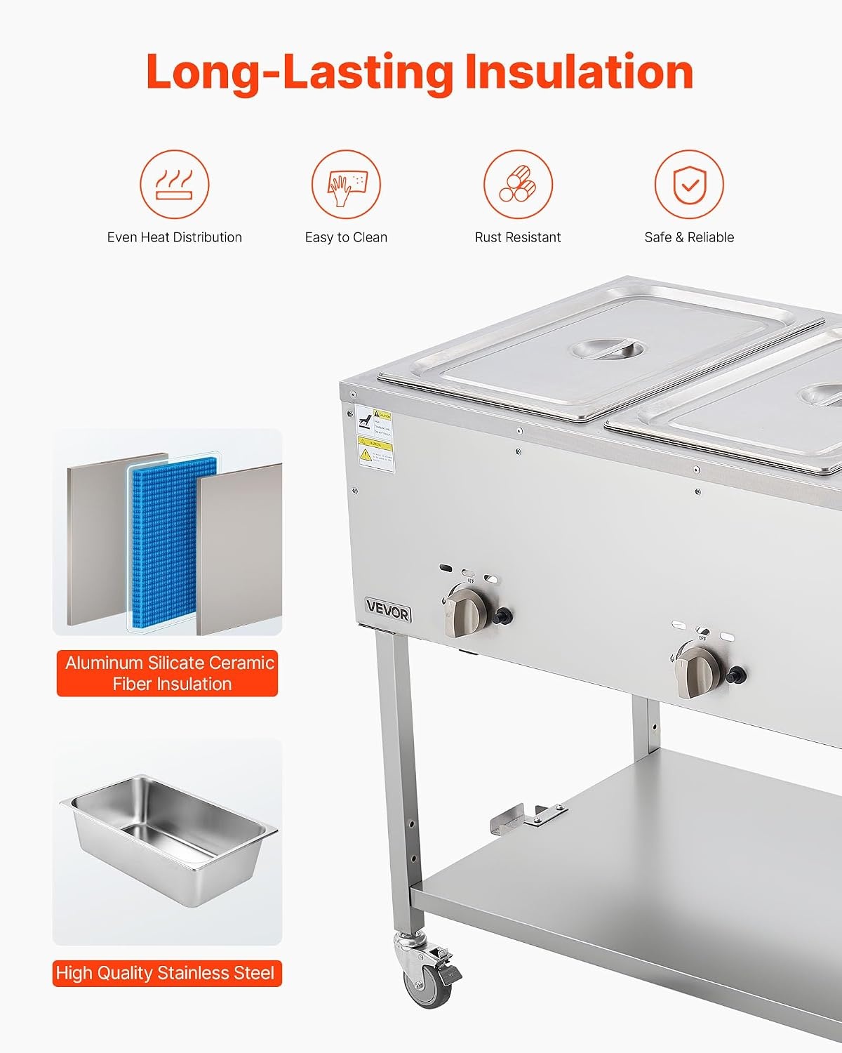 image:imageVEVOR Commercial Propane Steam Table 5 Food Pans amp 3 Condiment Pans LP Gas Outdoor Soup Warmer with Drain Valve and 3 Wheels Stainless Steel Propane Food Warmer with Adjustable Temp for Outdoor311 Pan72QT