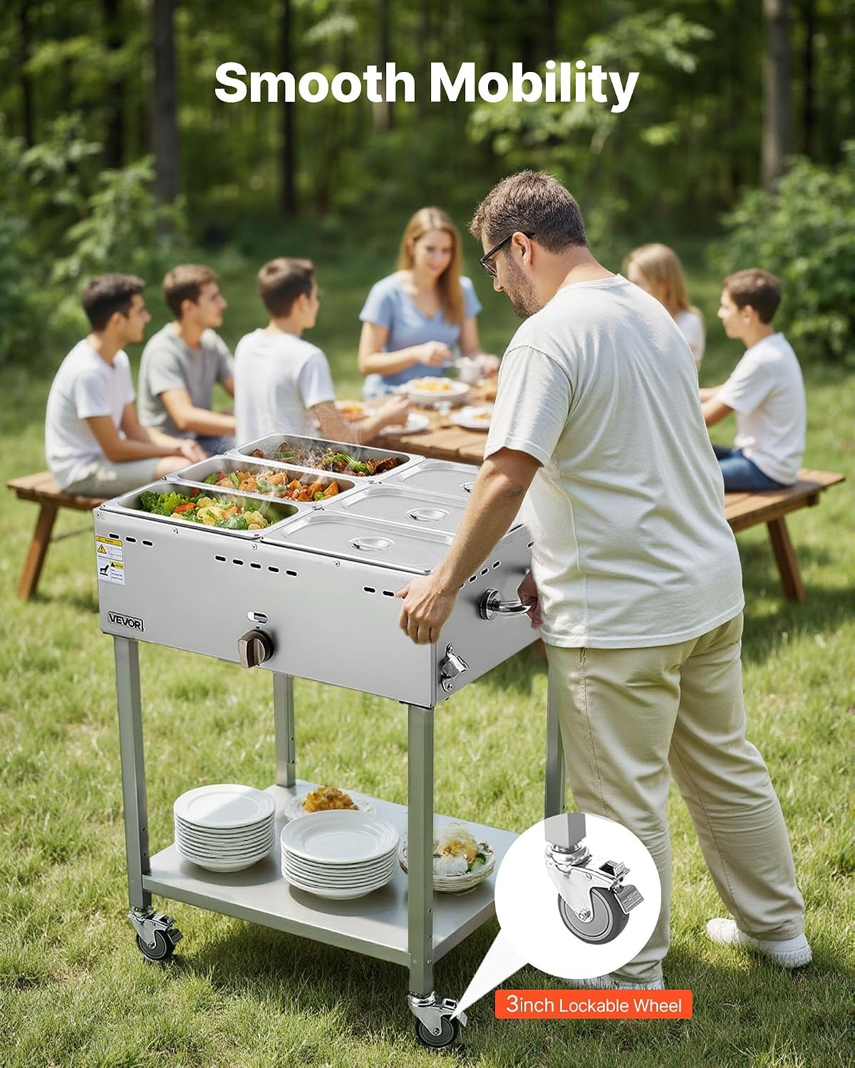 image:imageVEVOR Commercial Propane Steam Table 5 Food Pans amp 3 Condiment Pans LP Gas Outdoor Soup Warmer with Drain Valve and 3 Wheels Stainless Steel Propane Food Warmer with Adjustable Temp for Outdoor613 Pan48QT