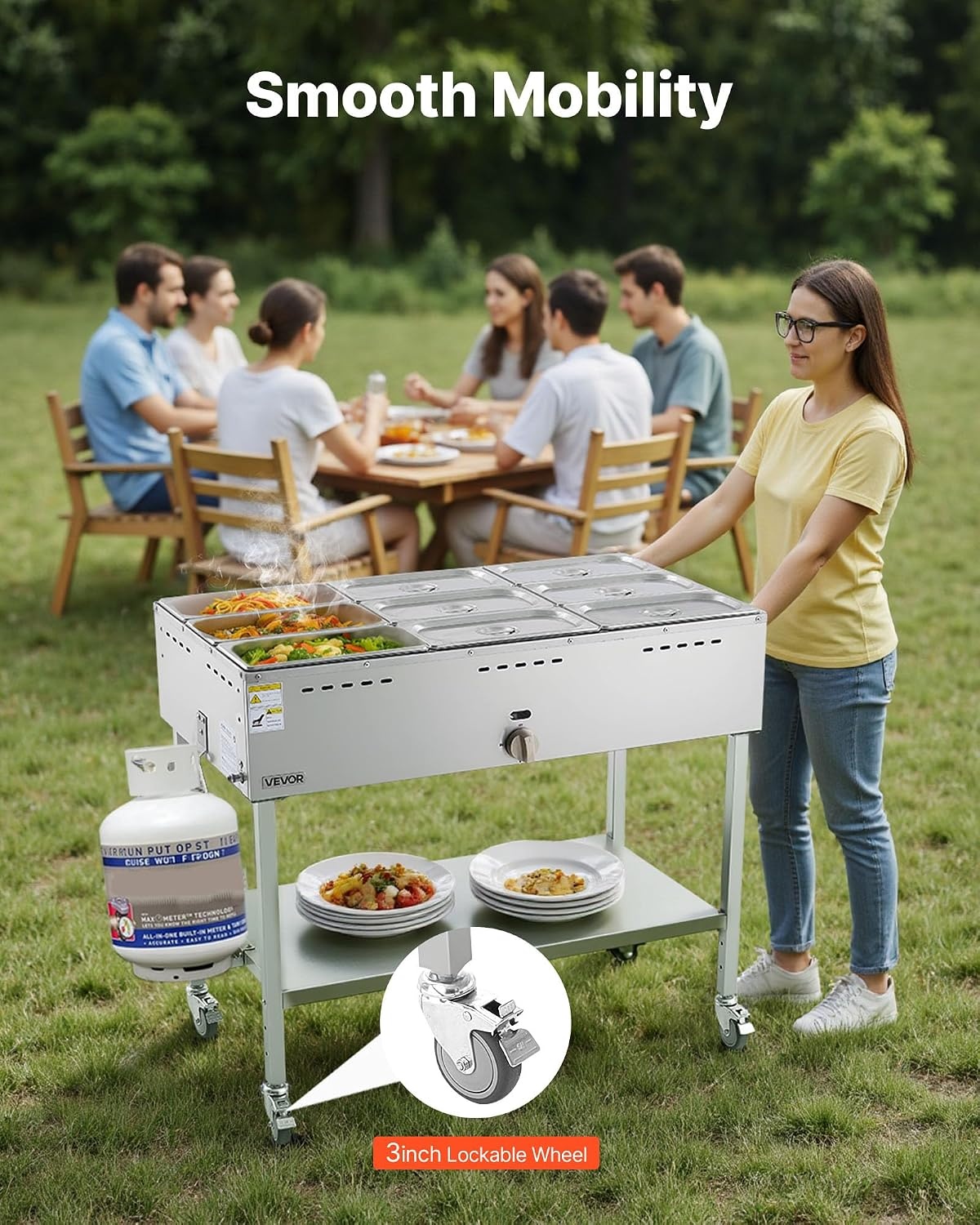 image:imageVEVOR Commercial Propane Steam Table 5 Food Pans amp 3 Condiment Pans LP Gas Outdoor Soup Warmer with Drain Valve and 3 Wheels Stainless Steel Propane Food Warmer with Adjustable Temp for Outdoor913 Pan72QT