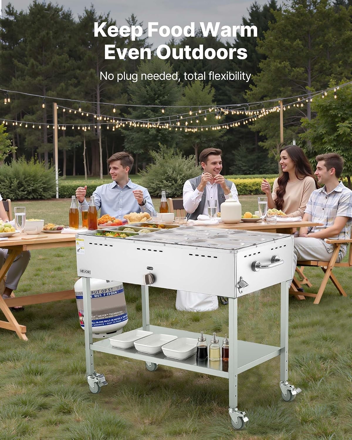 image:imageVEVOR Commercial Propane Steam Table 5 Food Pans amp 3 Condiment Pans LP Gas Outdoor Soup Warmer with Drain Valve and 3 Wheels Stainless Steel Propane Food Warmer with Adjustable Temp for Outdoor913 Pan72QT