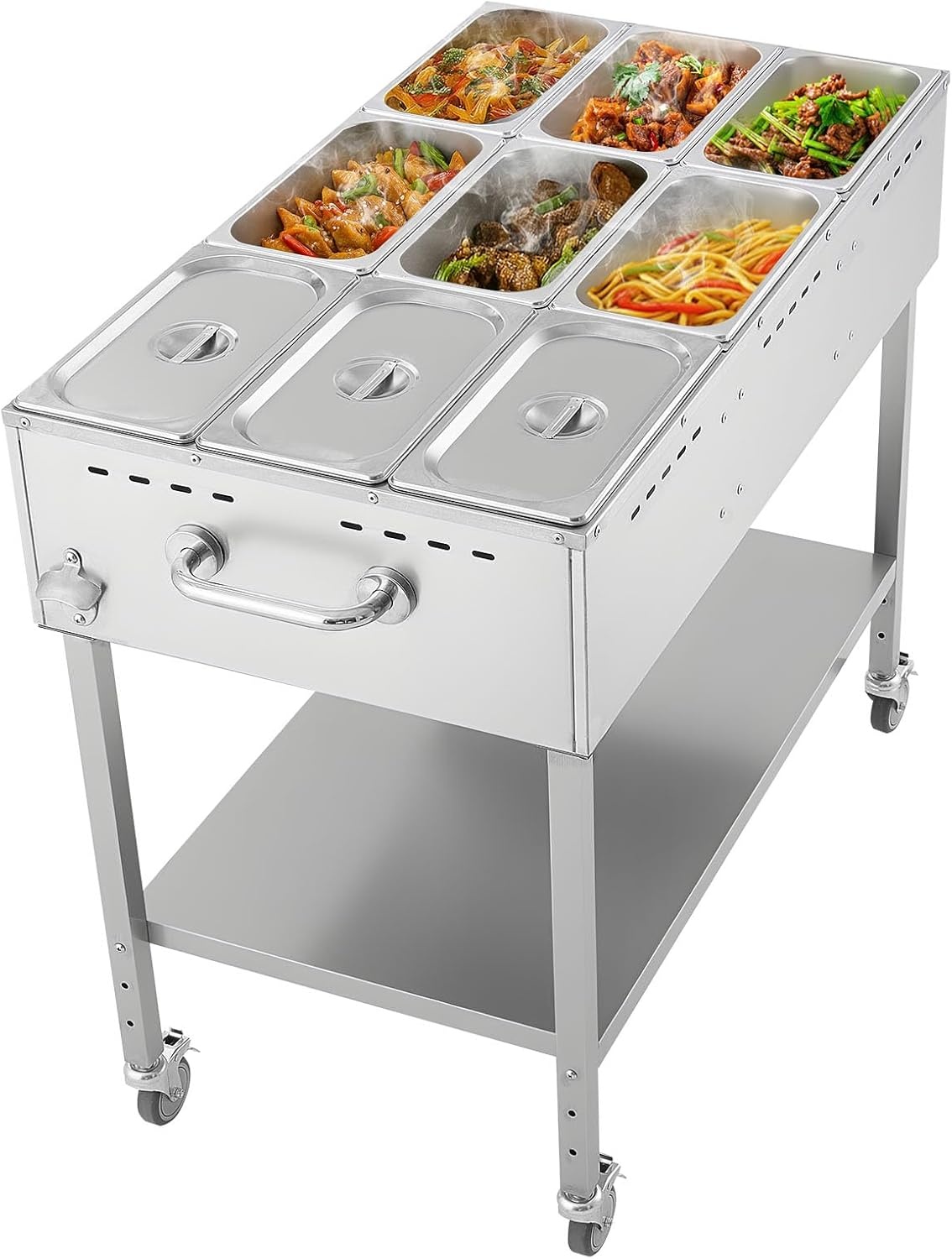 image:imageVEVOR Commercial Propane Steam Table 5 Food Pans amp 3 Condiment Pans LP Gas Outdoor Soup Warmer with Drain Valve and 3 Wheels Stainless Steel Propane Food Warmer with Adjustable Temp for Outdoor913 Pan72QT