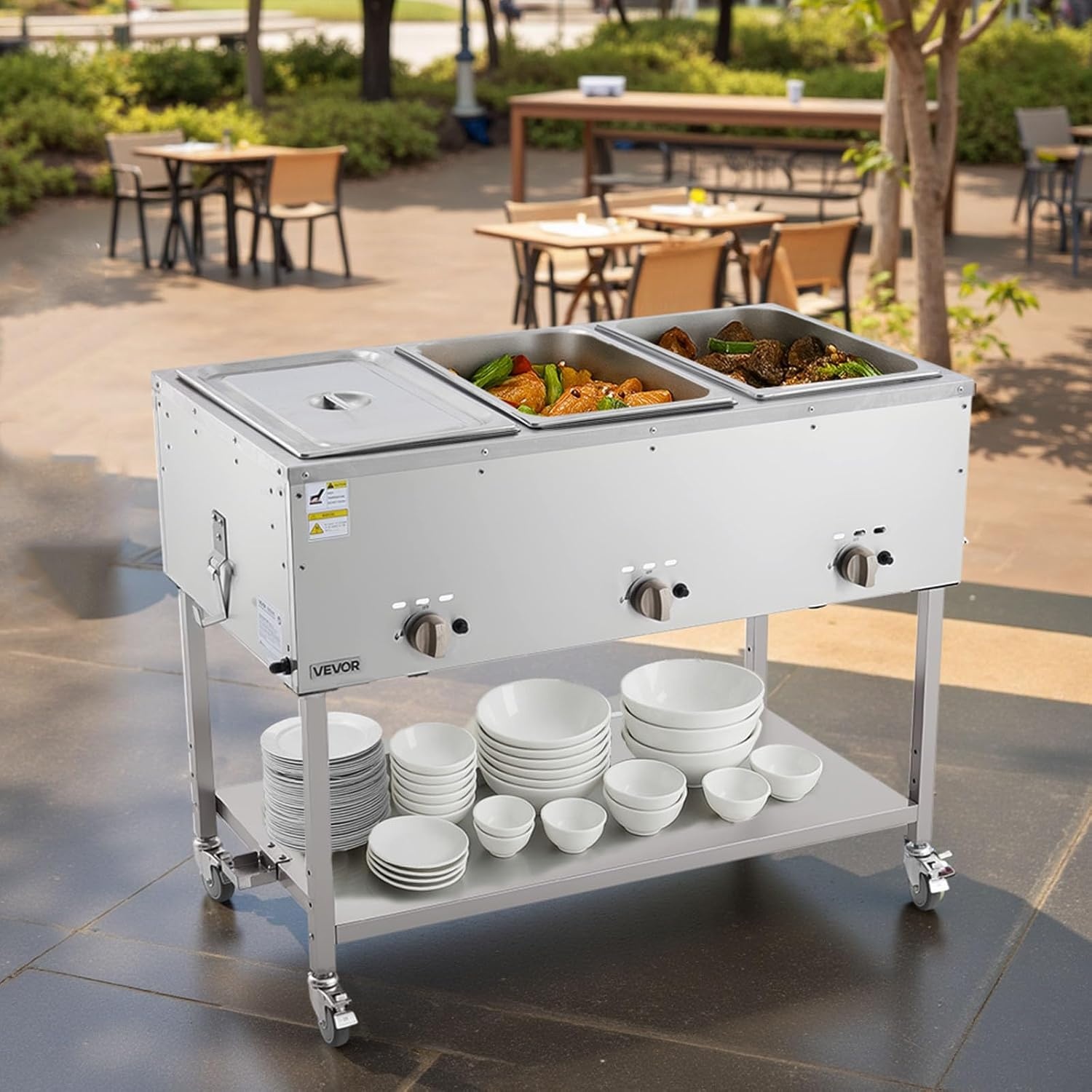 image:imageVEVOR Commercial Propane Steam Table 5 Food Pans amp 3 Condiment Pans LP Gas Outdoor Soup Warmer with Drain Valve and 3 Wheels Stainless Steel Propane Food Warmer with Adjustable Temp for Outdoor311 Pan72QT