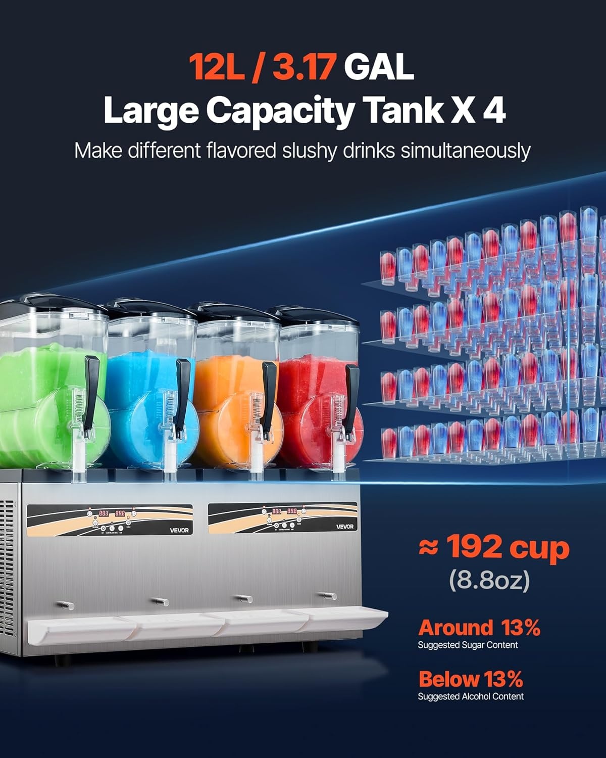 image:imageVEVOR Commercial Slushy Machine 12Lx3 Triple Tank Frozen Drink Machine 144 Cups Stainless Steel Margarita Smoothie Frozen Drink Maker Slushie Maker for Home Party Restaurants Cafe Bars48L