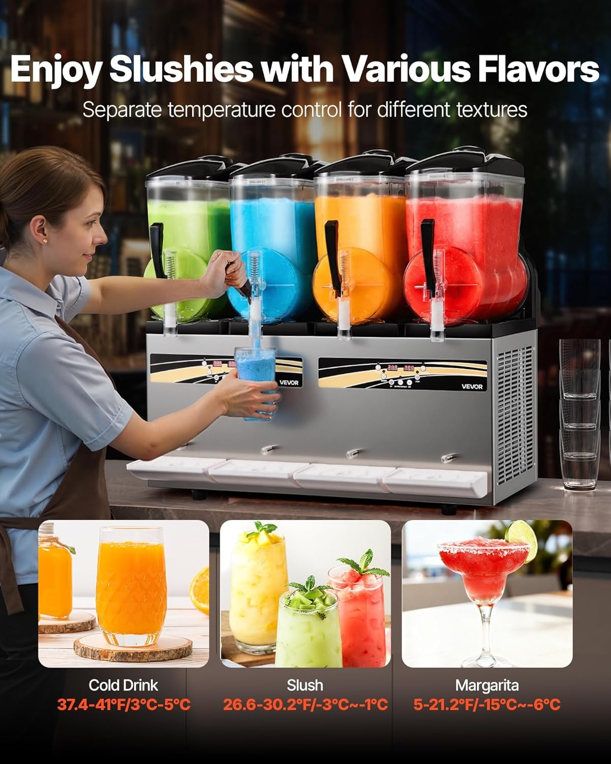 image:imageVEVOR Commercial Slushy Machine 12Lx3 Triple Tank Frozen Drink Machine 144 Cups Stainless Steel Margarita Smoothie Frozen Drink Maker Slushie Maker for Home Party Restaurants Cafe Bars48L