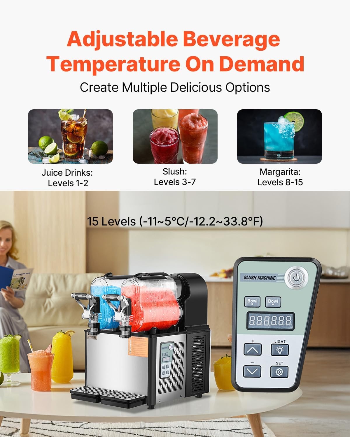 image:imageVEVOR Commercial Slushy Machine 3L1 Single Tank Frozen Beverage Maker 12Cup Stainless Steel Slushie Machine Margarita Frozen Drink Smoothie Maker for Restaurants Bars Cafes and Food Truck08 Gal x 2 3 L x 2