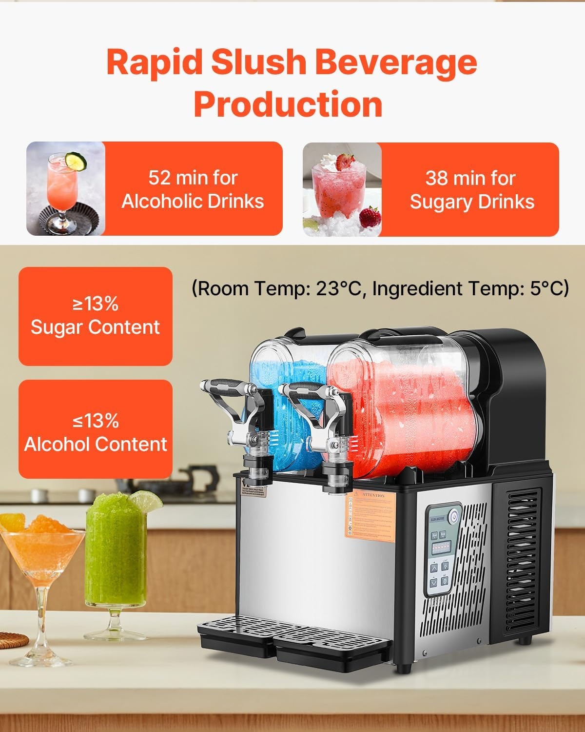 image:imageVEVOR Commercial Slushy Machine 3L1 Single Tank Frozen Beverage Maker 12Cup Stainless Steel Slushie Machine Margarita Frozen Drink Smoothie Maker for Restaurants Bars Cafes and Food Truck08 Gal x 2 3 L x 2
