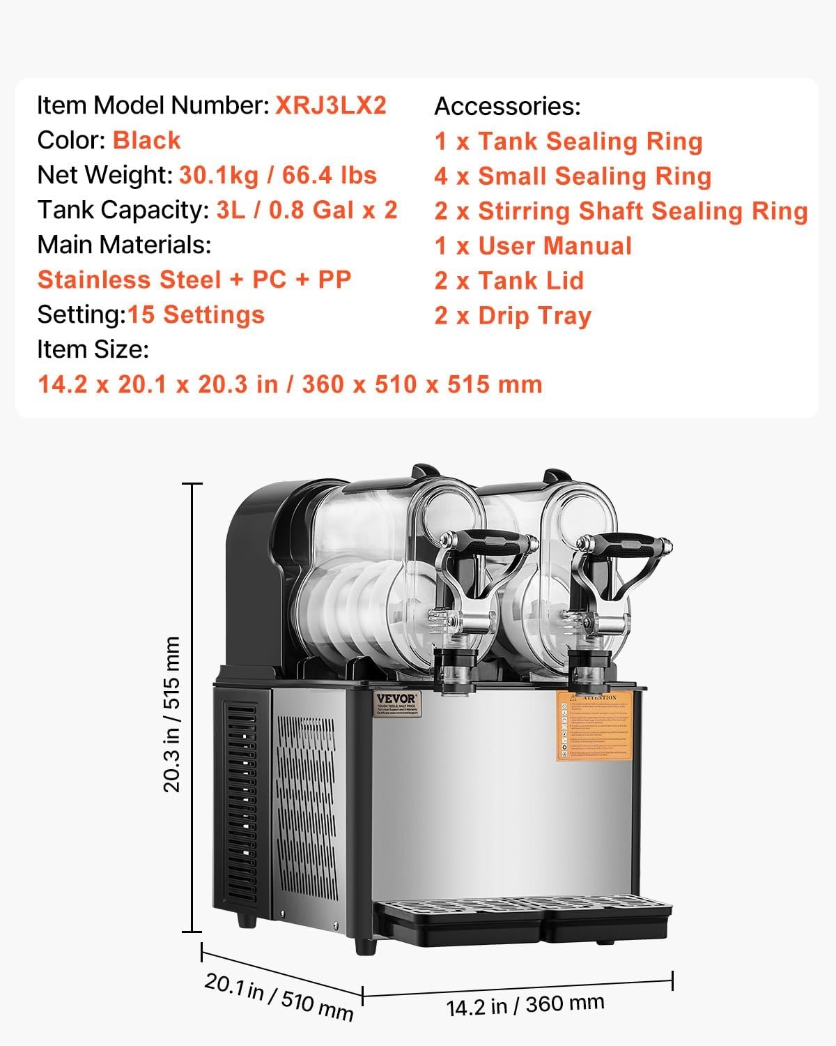 image:imageVEVOR Commercial Slushy Machine 3L1 Single Tank Frozen Beverage Maker 12Cup Stainless Steel Slushie Machine Margarita Frozen Drink Smoothie Maker for Restaurants Bars Cafes and Food Truck08 Gal x 2 3 L x 2
