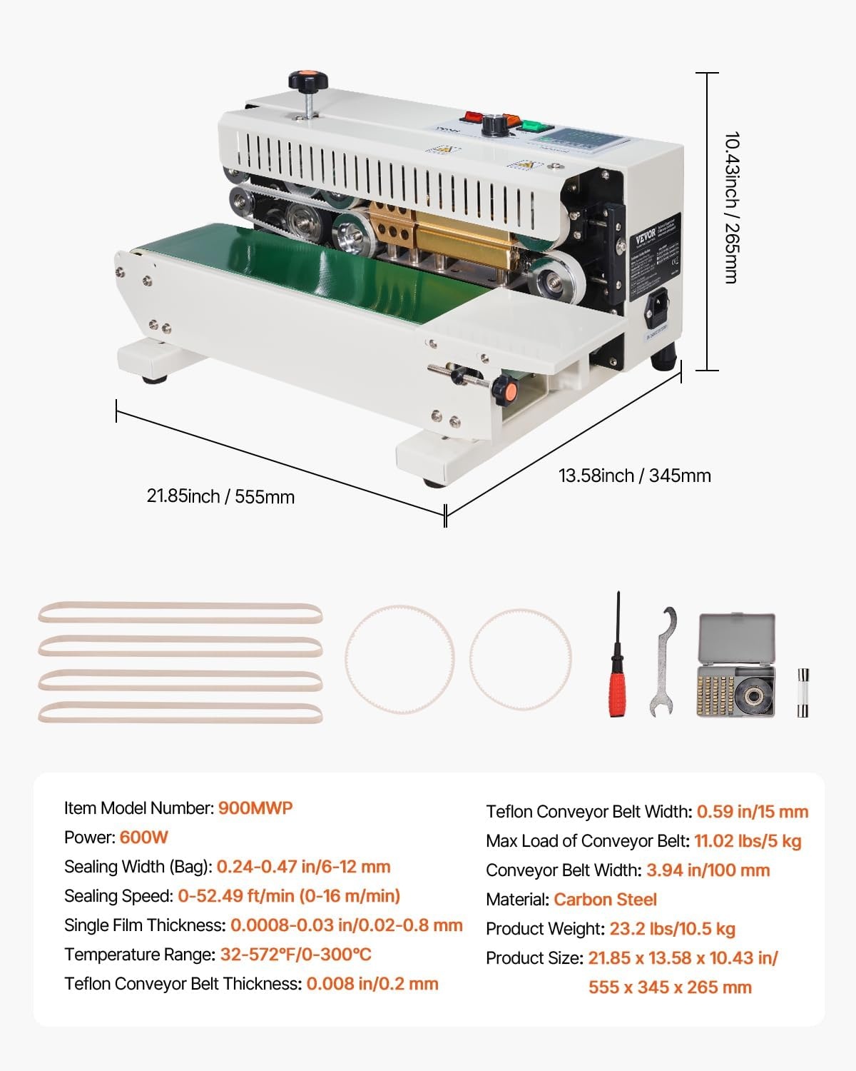 image:imageVEVOR Continuous Bag Band Sealing Machine 024047 in612 mm Seal Width Horizontal Band Sealer Machine with Digital Temperature Control Carbon Steel Bag Sealer for 00208 mm Plastic Bags FilmsBasic
