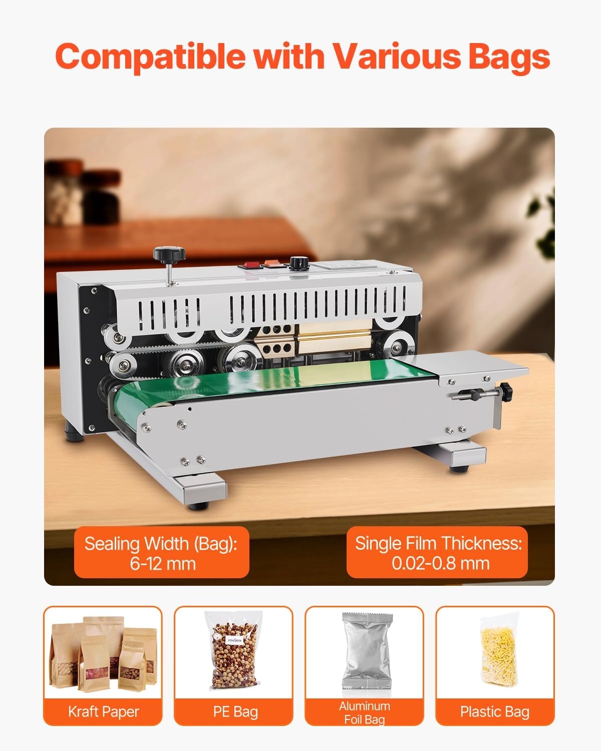 image:imageVEVOR Continuous Bag Band Sealing Machine 024047 in612 mm Seal Width Horizontal Band Sealer Machine with Digital Temperature Control Carbon Steel Bag Sealer for 00208 mm Plastic Bags FilmsStainless Steel