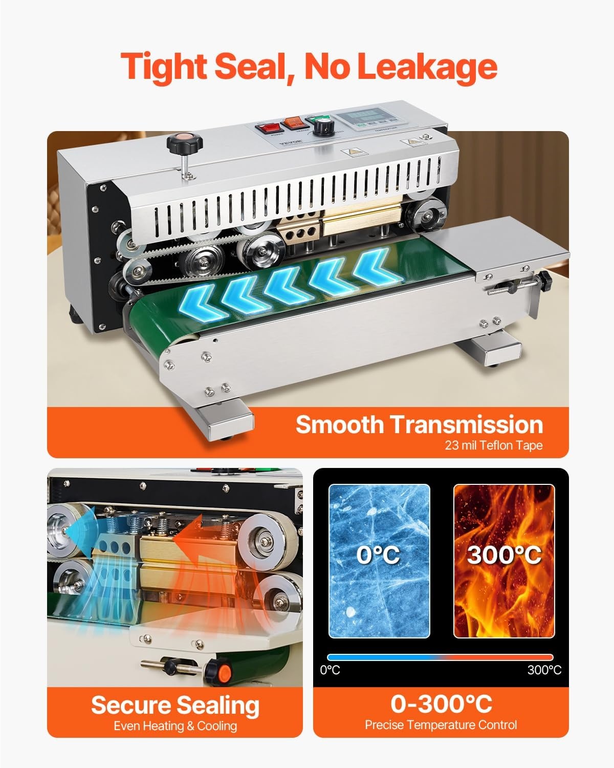 image:imageVEVOR Continuous Bag Band Sealing Machine 024047 in612 mm Seal Width Horizontal Band Sealer Machine with Digital Temperature Control Carbon Steel Bag Sealer for 00208 mm Plastic Bags FilmsStainless Steel