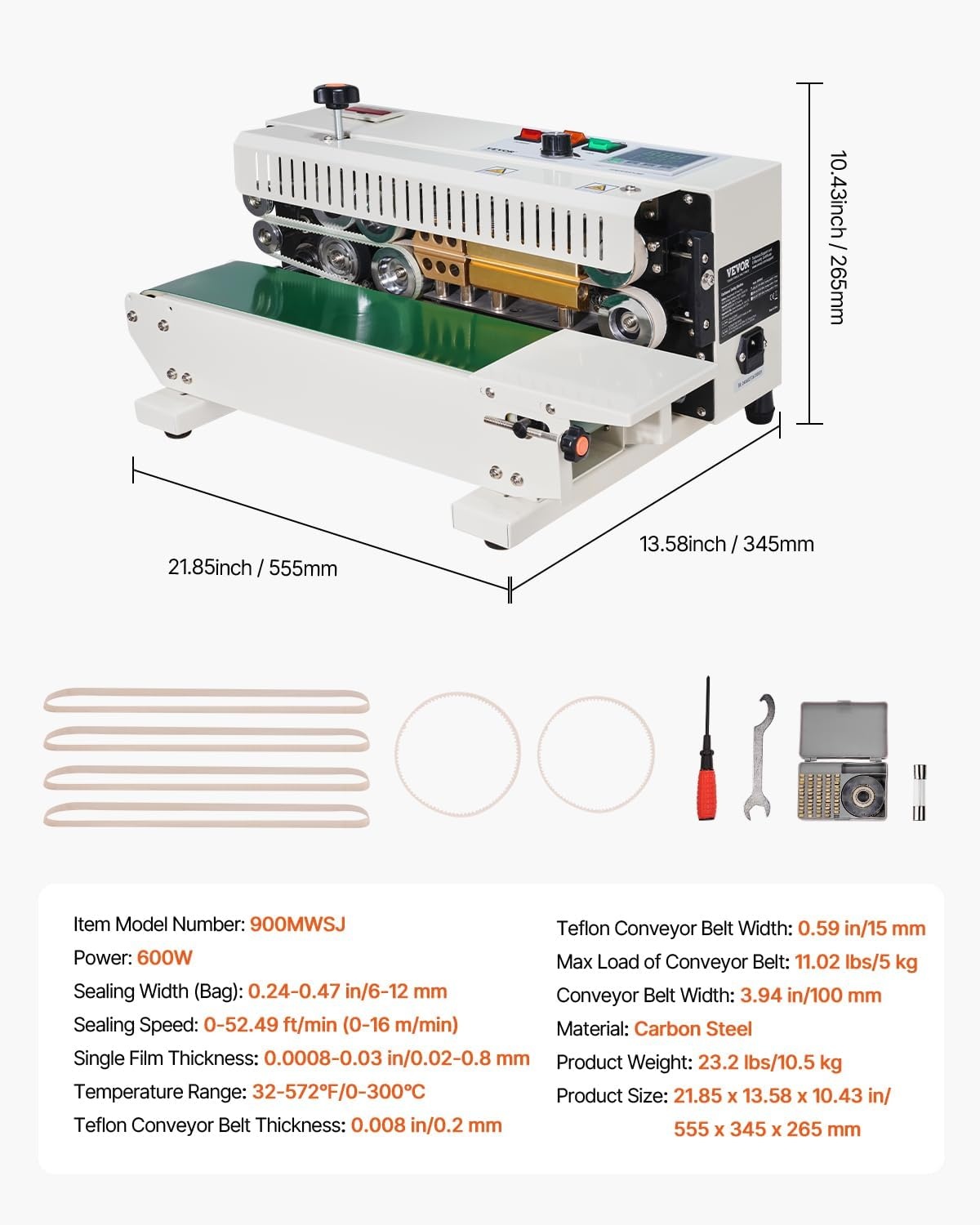image:imageVEVOR Continuous Bag Band Sealing Machine 024047 in612 mm Seal Width Horizontal Band Sealer Machine with Digital Temperature Control Carbon Steel Bag Sealer for 00208 mm Plastic Bags FilmsCount