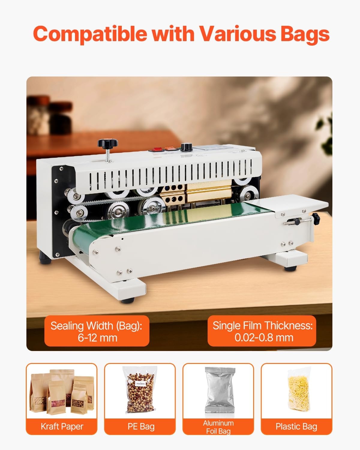 image:imageVEVOR Continuous Bag Band Sealing Machine 024047 in612 mm Seal Width Horizontal Band Sealer Machine with Digital Temperature Control Carbon Steel Bag Sealer for 00208 mm Plastic Bags FilmsBasic