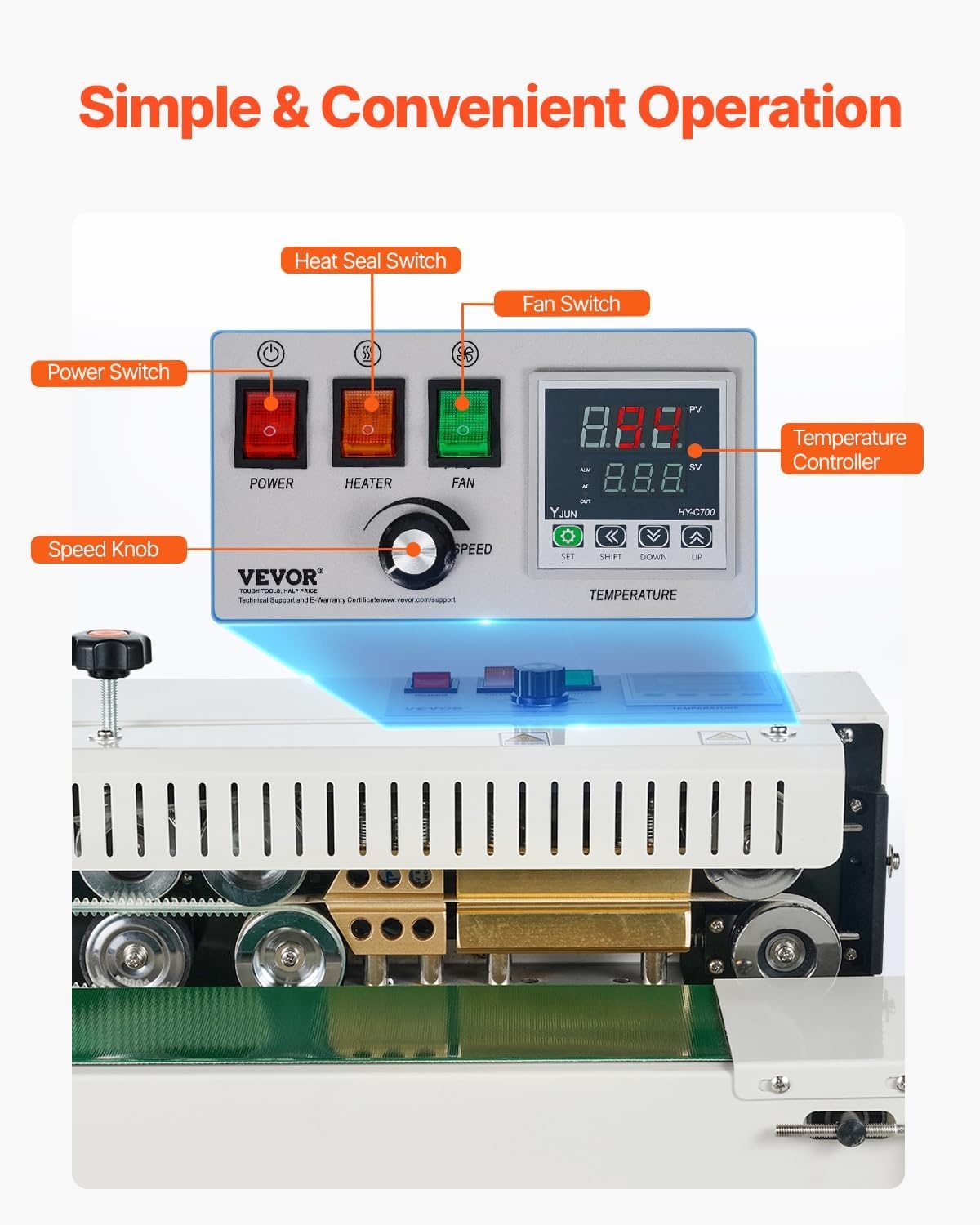 image:imageVEVOR Continuous Bag Band Sealing Machine 024047 in612 mm Seal Width Horizontal Band Sealer Machine with Digital Temperature Control Carbon Steel Bag Sealer for 00208 mm Plastic Bags FilmsBasic