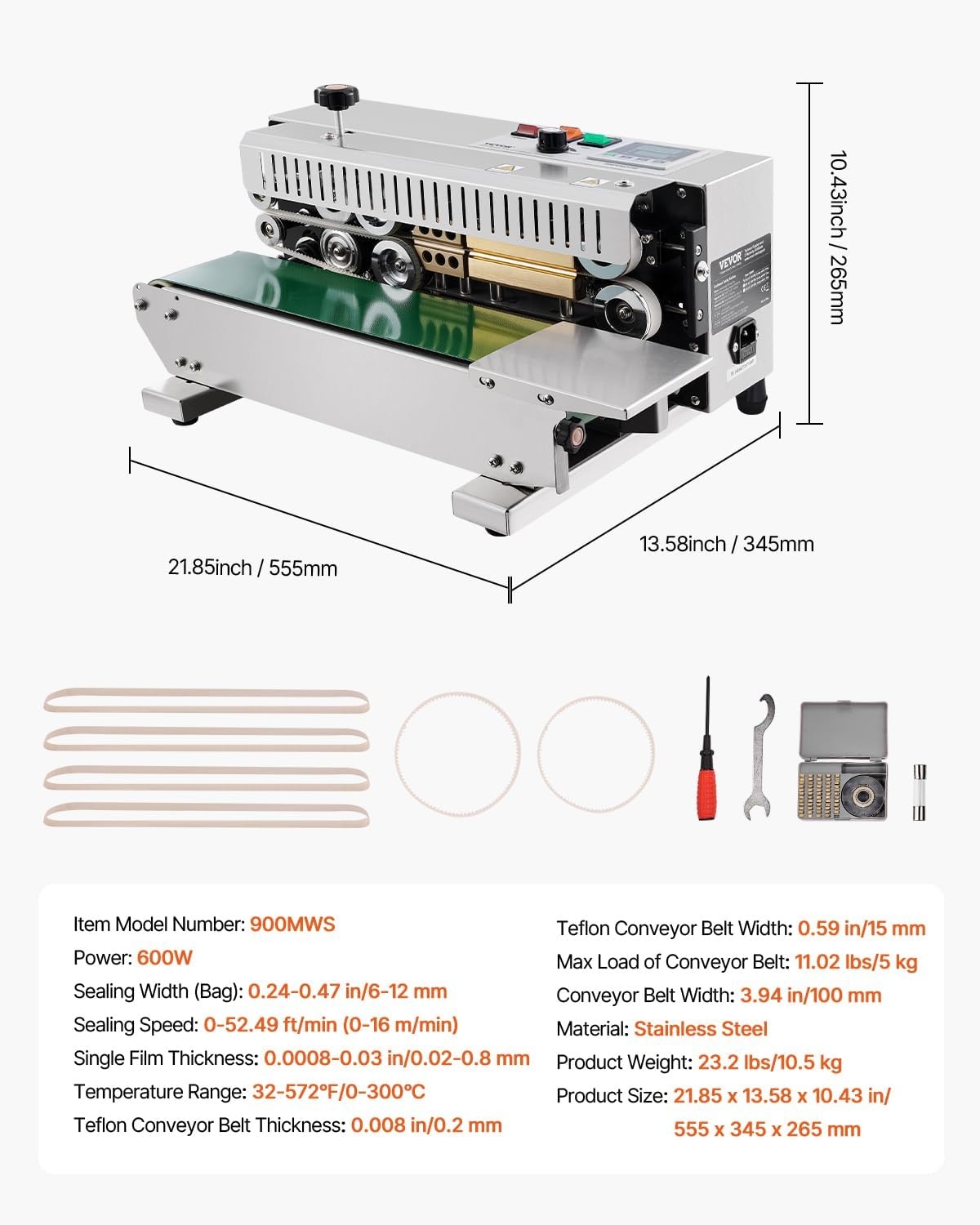 image:imageVEVOR Continuous Bag Band Sealing Machine 024047 in612 mm Seal Width Horizontal Band Sealer Machine with Digital Temperature Control Carbon Steel Bag Sealer for 00208 mm Plastic Bags FilmsStainless Steel
