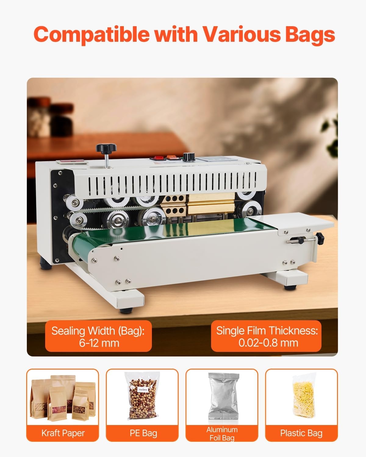 image:imageVEVOR Continuous Bag Band Sealing Machine 024047 in612 mm Seal Width Horizontal Band Sealer Machine with Digital Temperature Control Carbon Steel Bag Sealer for 00208 mm Plastic Bags FilmsCount