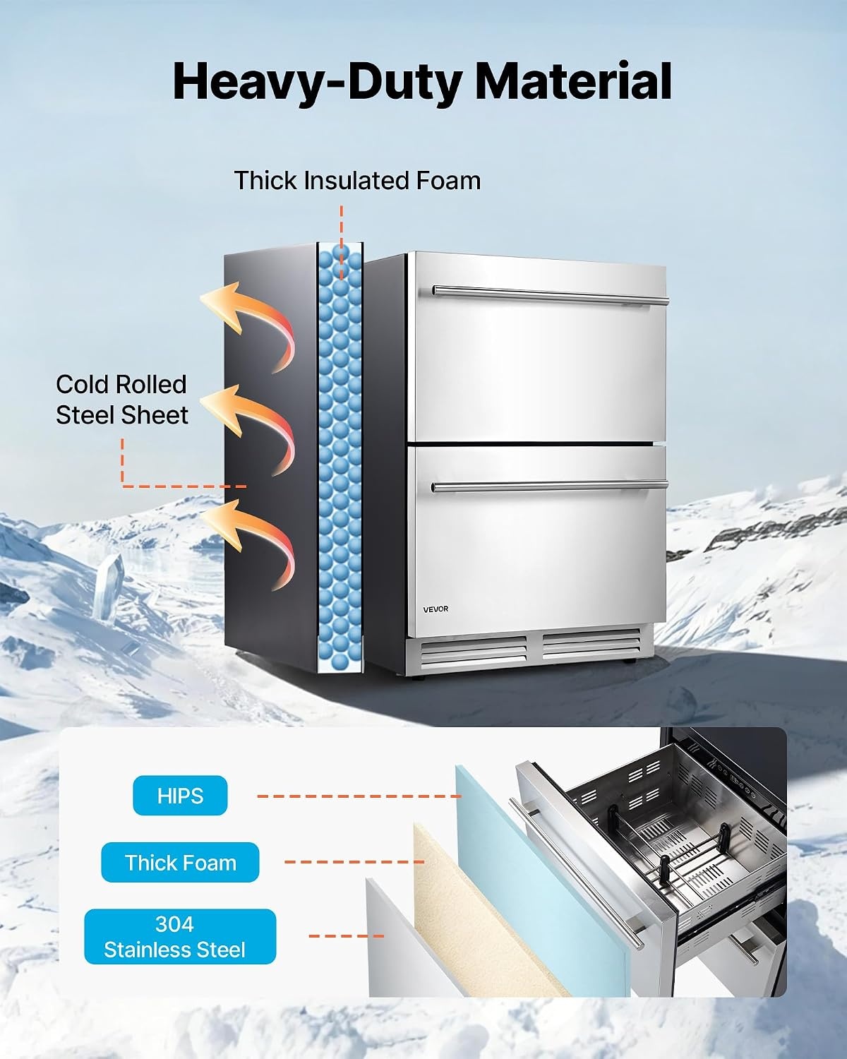 image:imageVEVOR Drawer Refrigerator 24 in Undercounter Beverage Fridge Large Capacity Drink Cooler with 304 Stainless Steel Drawers Temp Control Powerful Compressor for Kitchen Office amp Game Room