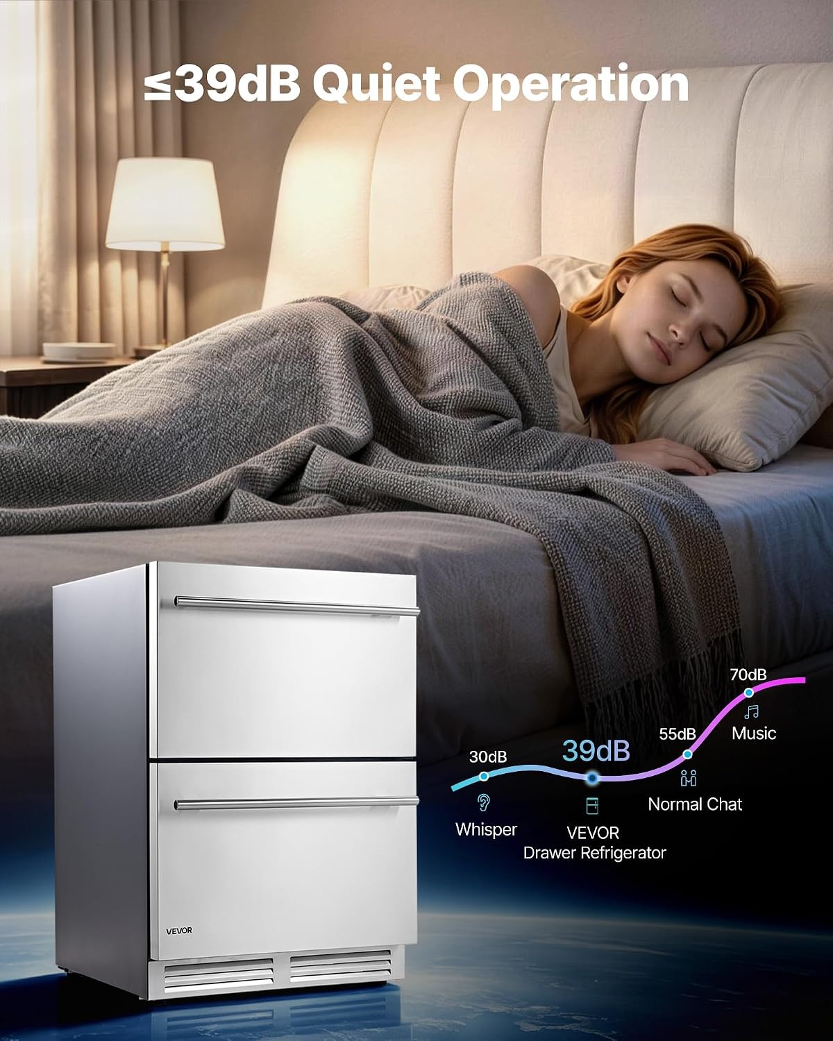 image:imageVEVOR Drawer Refrigerator 24 in Undercounter Beverage Fridge Large Capacity Drink Cooler with 304 Stainless Steel Drawers Temp Control Powerful Compressor for Kitchen Office amp Game Room