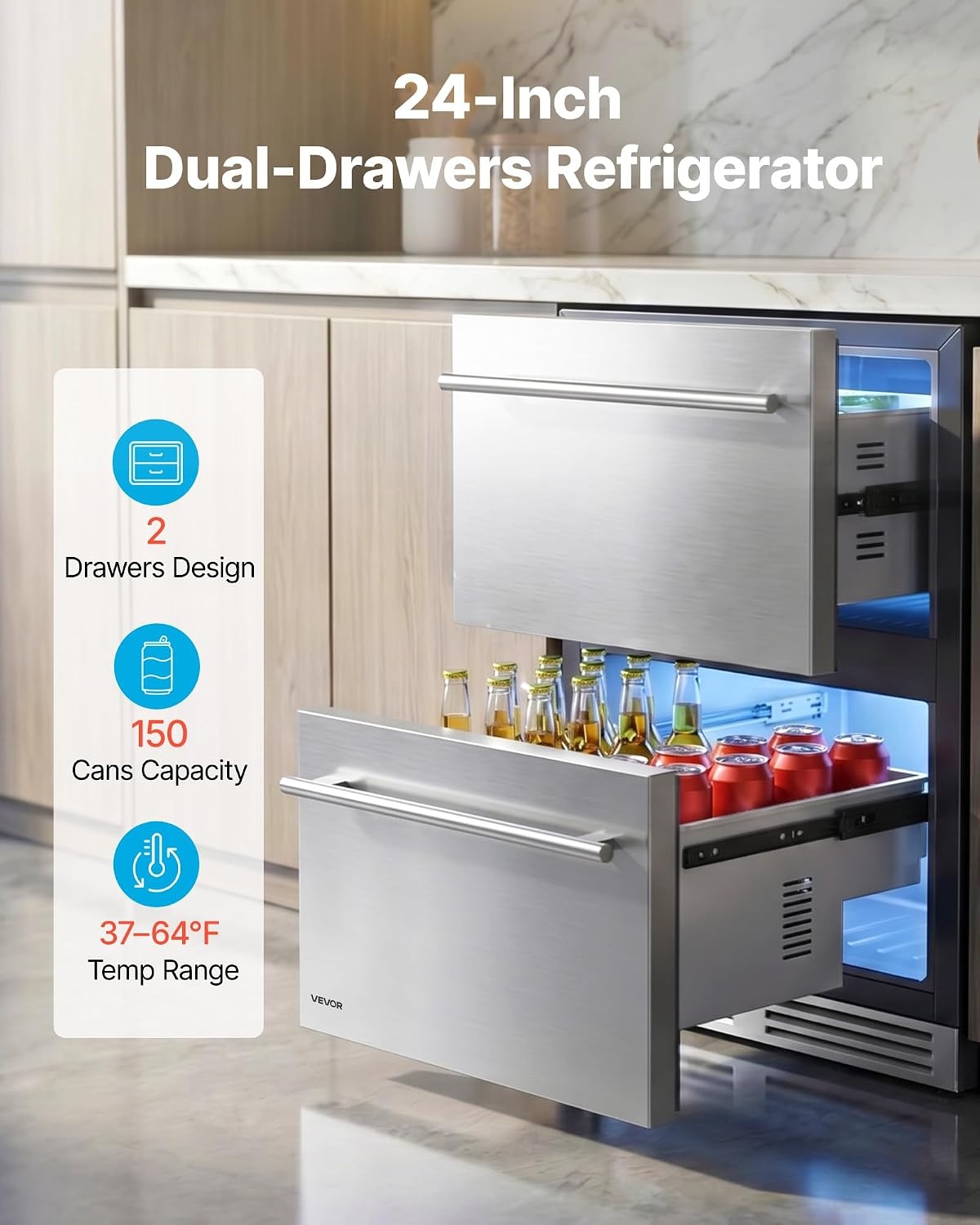 image:imageVEVOR Drawer Refrigerator 24 in Undercounter Beverage Fridge Large Capacity Drink Cooler with 304 Stainless Steel Drawers Temp Control Powerful Compressor for Kitchen Office amp Game Room
