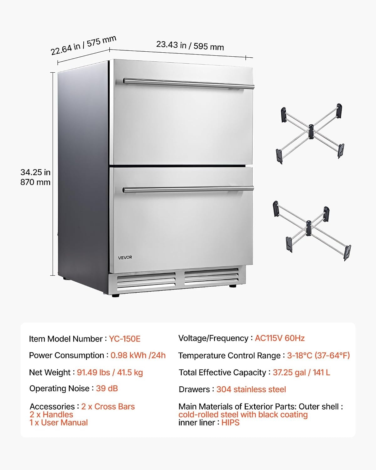 image:imageVEVOR Drawer Refrigerator 24 in Undercounter Beverage Fridge Large Capacity Drink Cooler with 304 Stainless Steel Drawers Temp Control Powerful Compressor for Kitchen Office amp Game Room