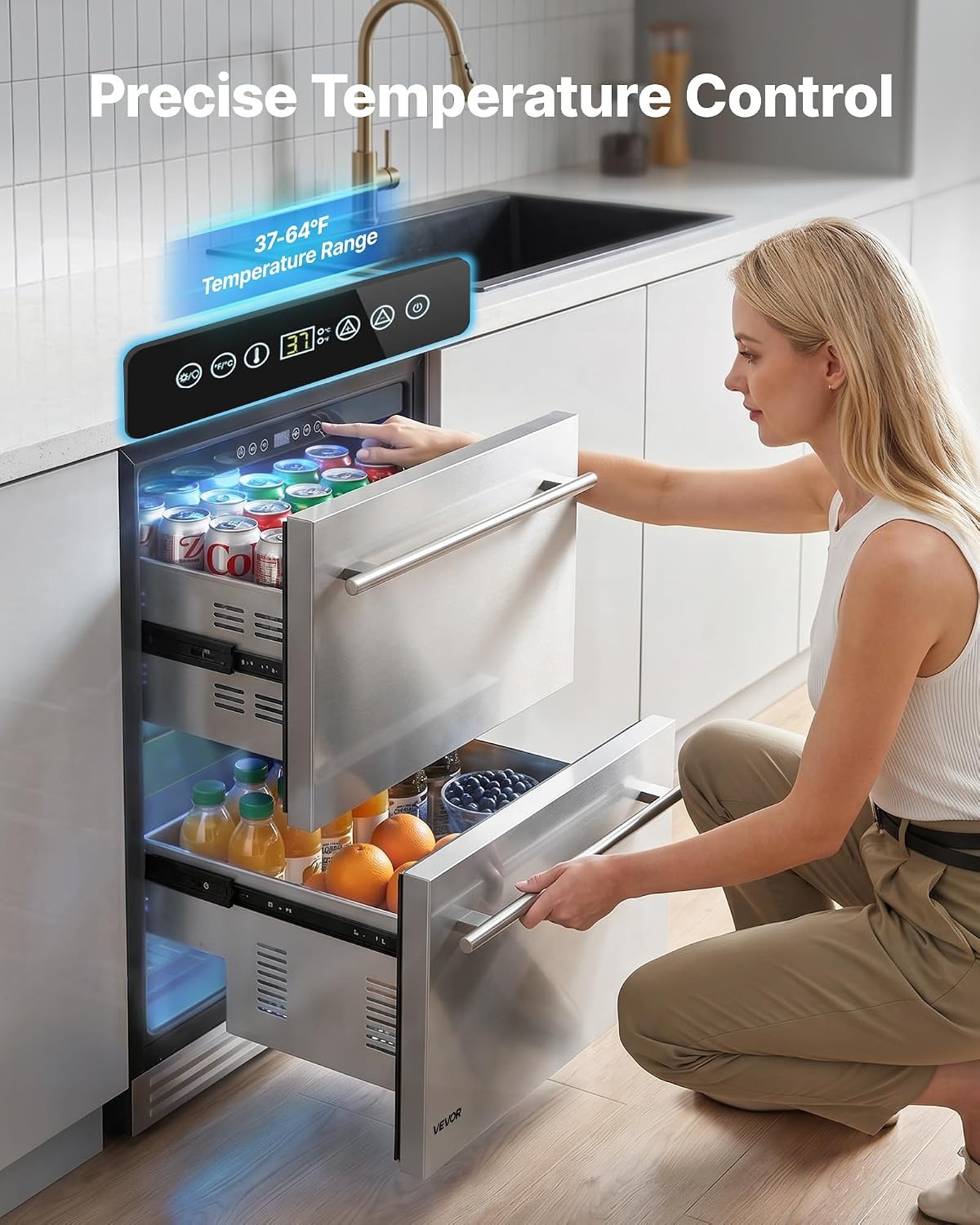 image:imageVEVOR Drawer Refrigerator 24 in Undercounter Beverage Fridge Large Capacity Drink Cooler with 304 Stainless Steel Drawers Temp Control Powerful Compressor for Kitchen Office amp Game Room